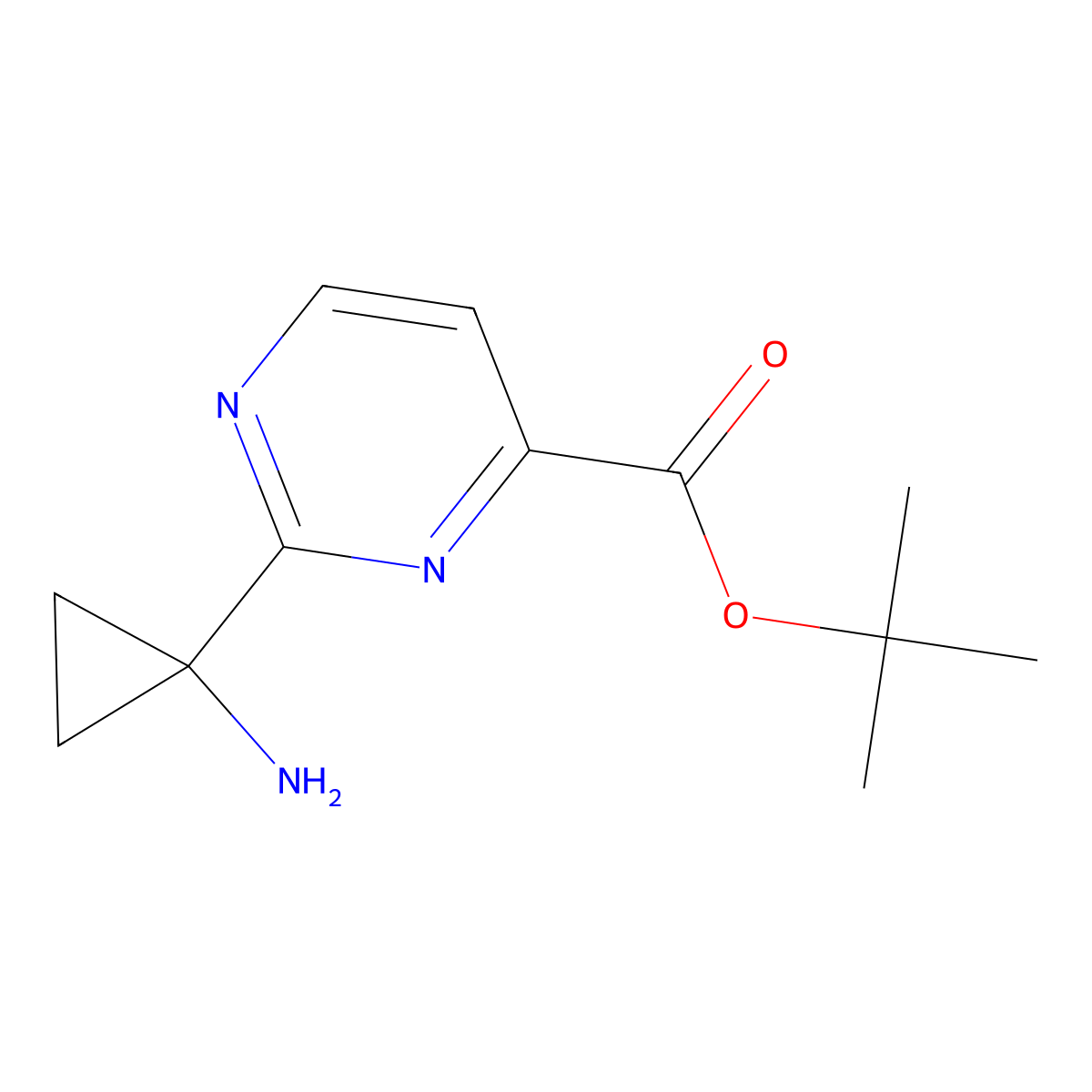 Tert-butyl 2-(1-aminocyclopropyl)pyrimidine-4-carboxylate molecular structure, CAS 2639462-12-5