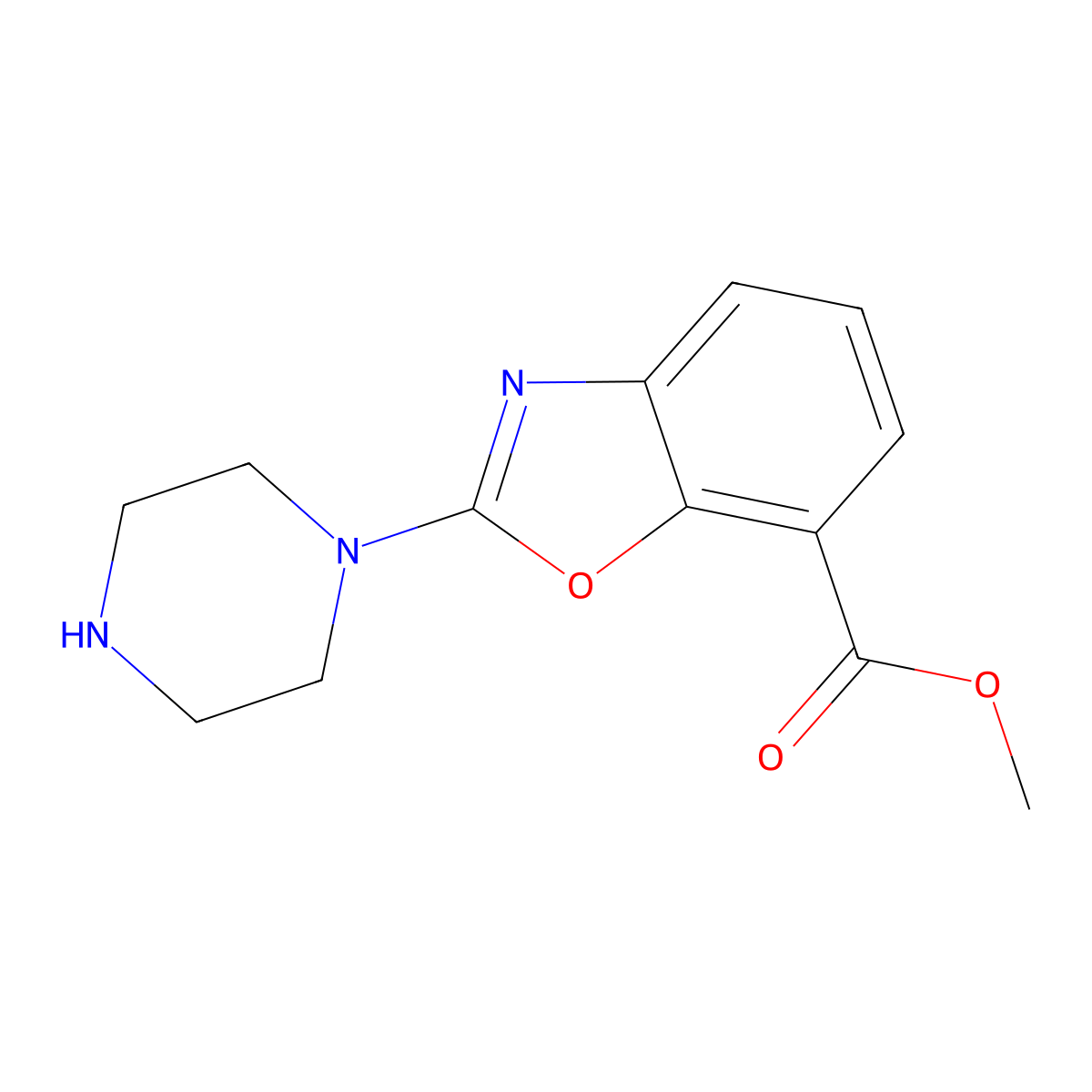 Methyl 2-(piperazin-1-yl)-1,3-benzoxazole-7-carboxylate molecular structure, CAS 2639463-23-1
