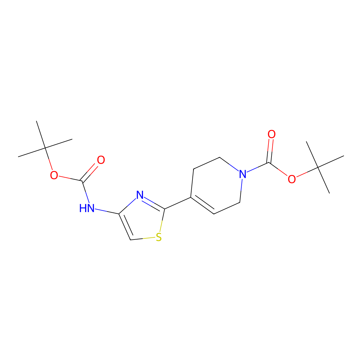 tert-butyl 4-(4-((tert-butoxycarbonyl)amino)thiazol-2-yl)-3,6-dihydropyridine-1(2H)-carboxylate molecular structure, CAS 2639522-42-0