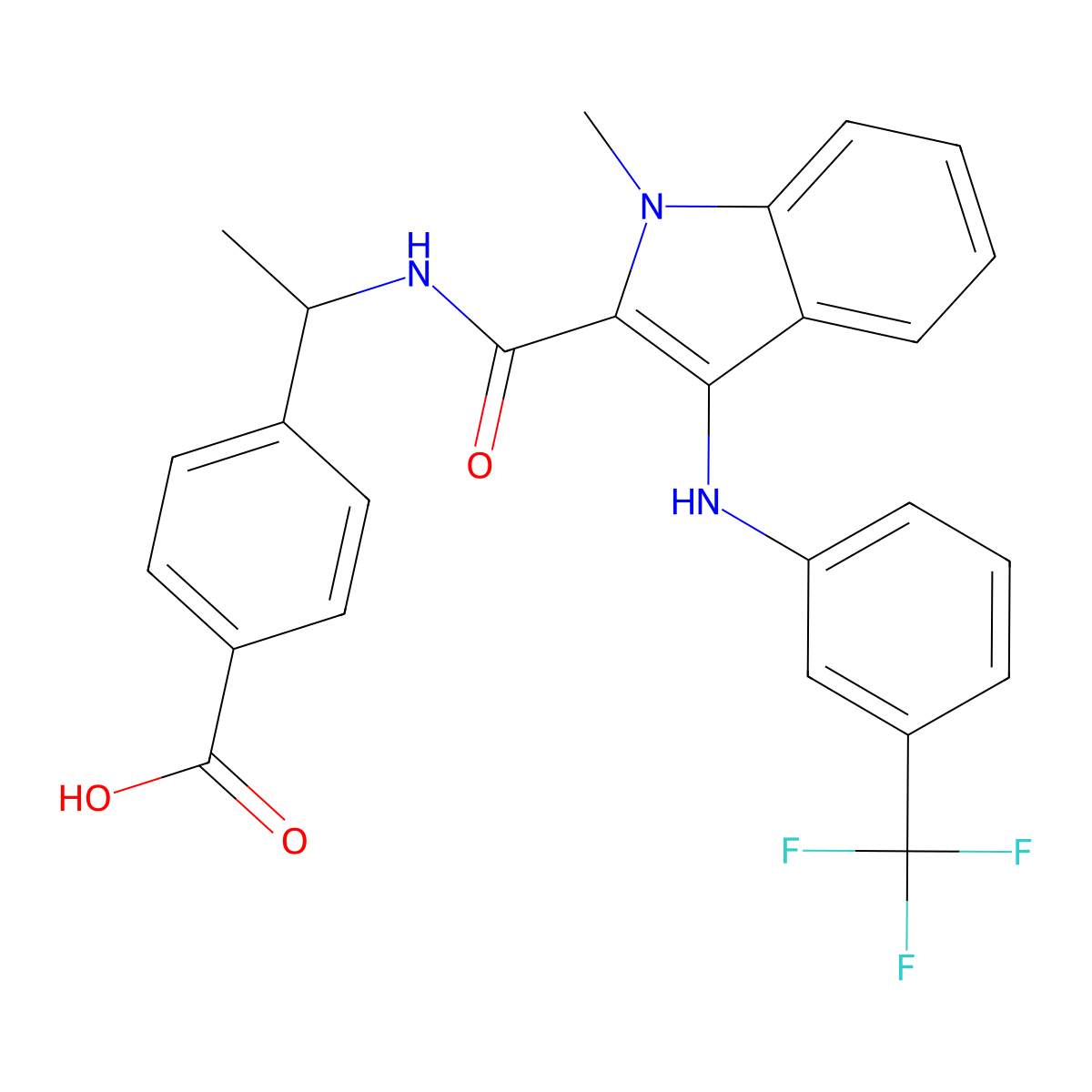 4-[(1S)-1-[[1-methyl-3-[3-(trifluoromethyl)anilino]indole-2-carbonyl]amino]ethyl]benzoic acid molecular structure, CAS 2639775-01-0