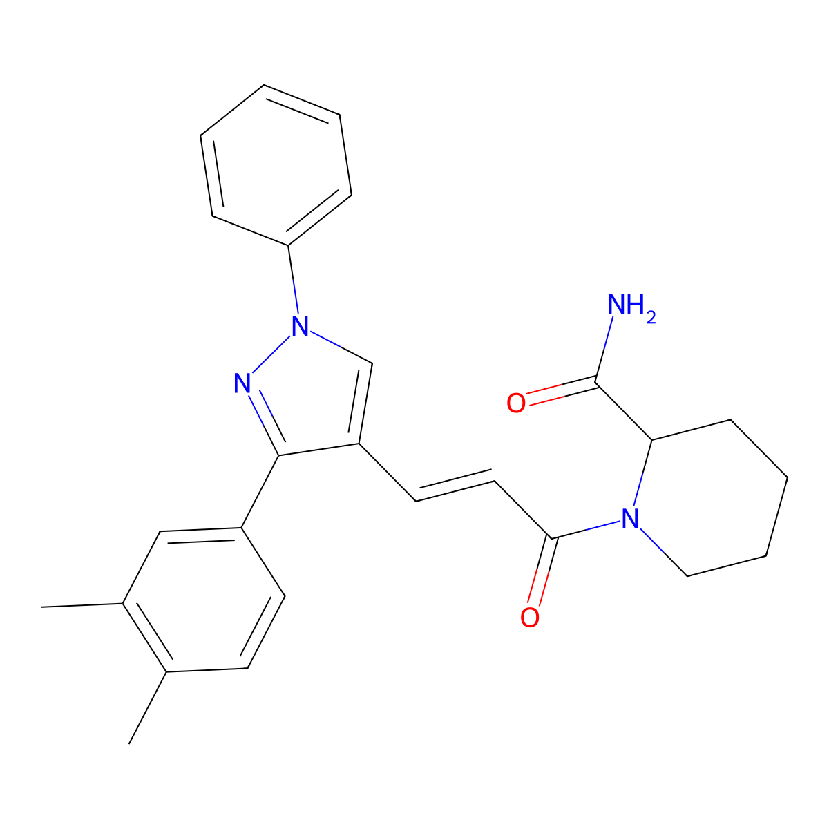 (E)-1-(3-(3-(3,4-Dimethylphenyl)-1-phenyl-1H-pyrazol-4-yl)acryloyl)piperidine-2-carboxamide molecular structure, CAS 2640292-37-9