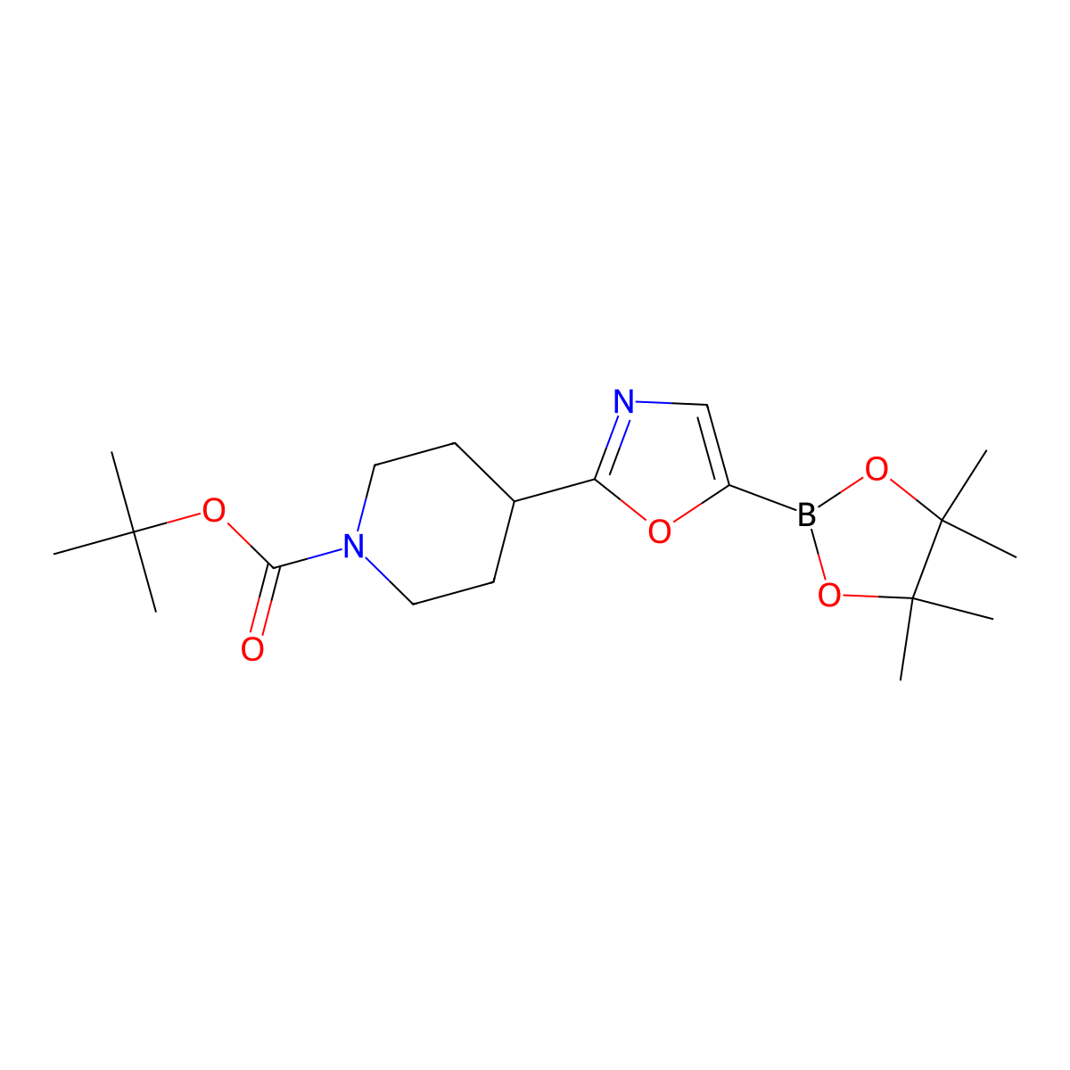 tert-Butyl 4-(5-(4,4,5,5-tetramethyl-1,3,2-dioxaborolan-2-yl)oxazol-2-yl)piperidine-1-carboxylate molecular structure, CAS 2640353-67-7