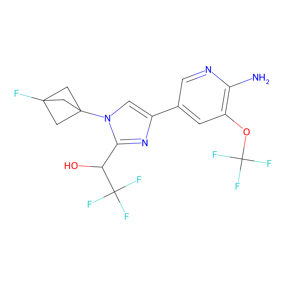 (1R)-1-[4-[6-azanyl-5-(trifluoromethyloxy)pyridin-3-yl]-1-(3-fluoranyl-1-bicyclo[1.1.1]pentanyl)imidazol-2-yl]-2,2,2-tris(fluoranyl)ethanol molecular structure, CAS 2640376-72-1