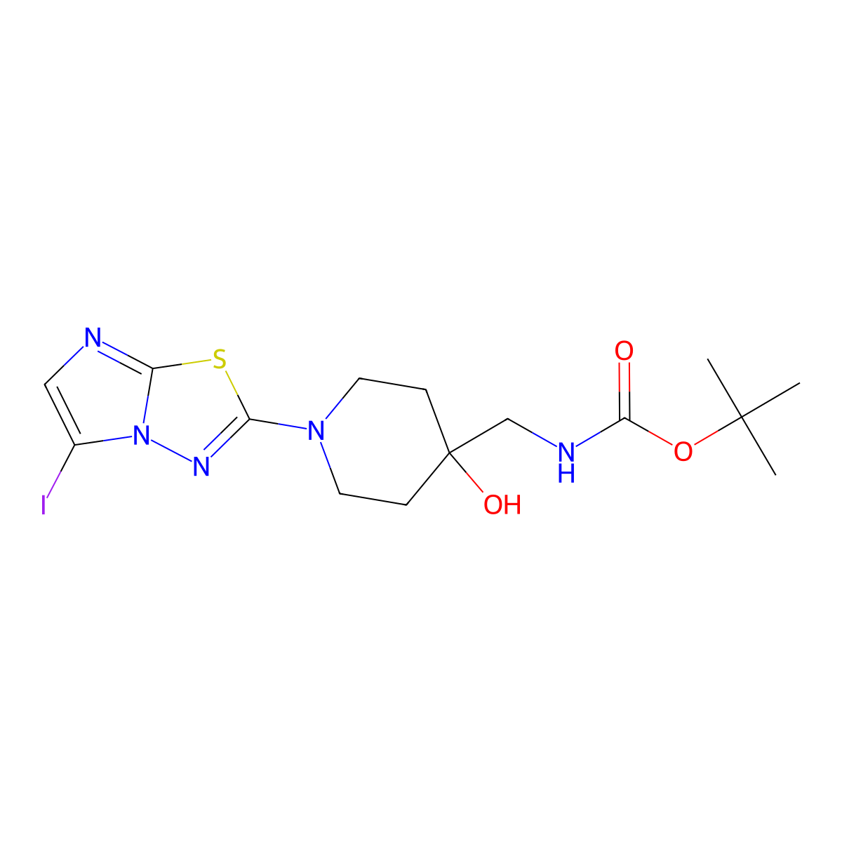 Tert-butyl ((4-hydroxy-1-(5-iodoimidazo[2,1-B][1,3,4]thiadiazol-2-YL)piperidin-4-YL)methyl)carbamate molecular structure, CAS 2640569-47-5