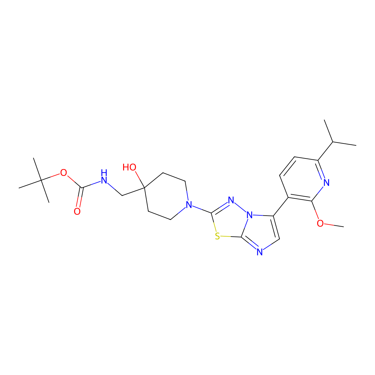 Tert-butyl ((4-hydroxy-1-(5-(6-isopropyl-2-methoxypyridin-3-YL)imidazo[2,1-B][1,3,4]thiadiazol-2-YL)piperidin-4-YL)methyl)carbamate molecular structure, CAS 2640569-48-6