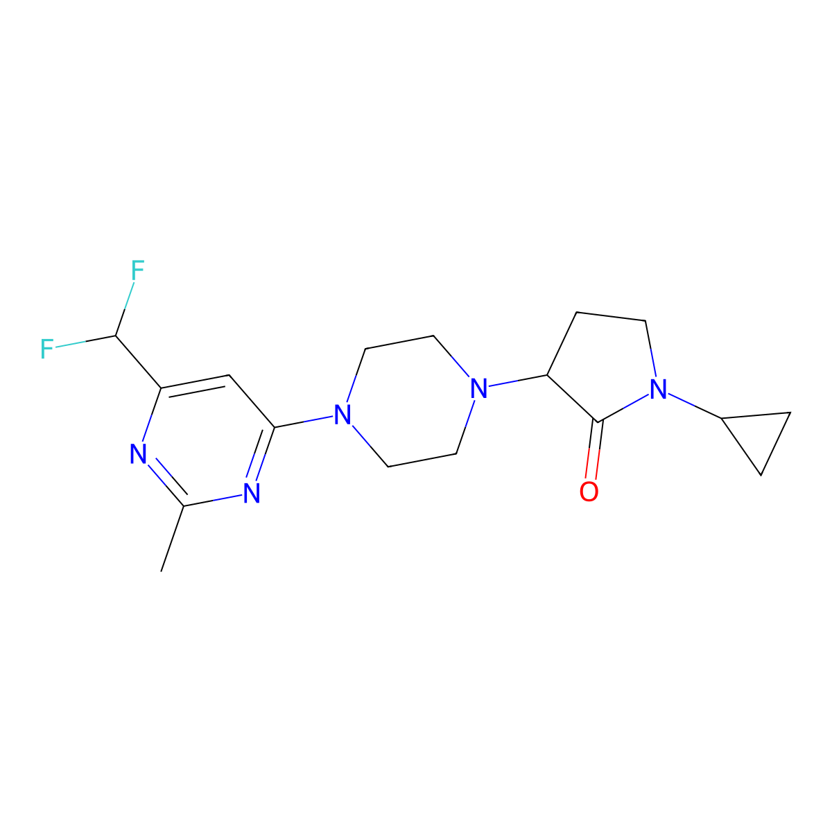 1-Cyclopropyl-3-{4-[6-(difluoromethyl)-2-methylpyrimidin-4-yl]piperazin-1-yl}pyrrolidin-2-one molecular structure, CAS 2640814-20-4