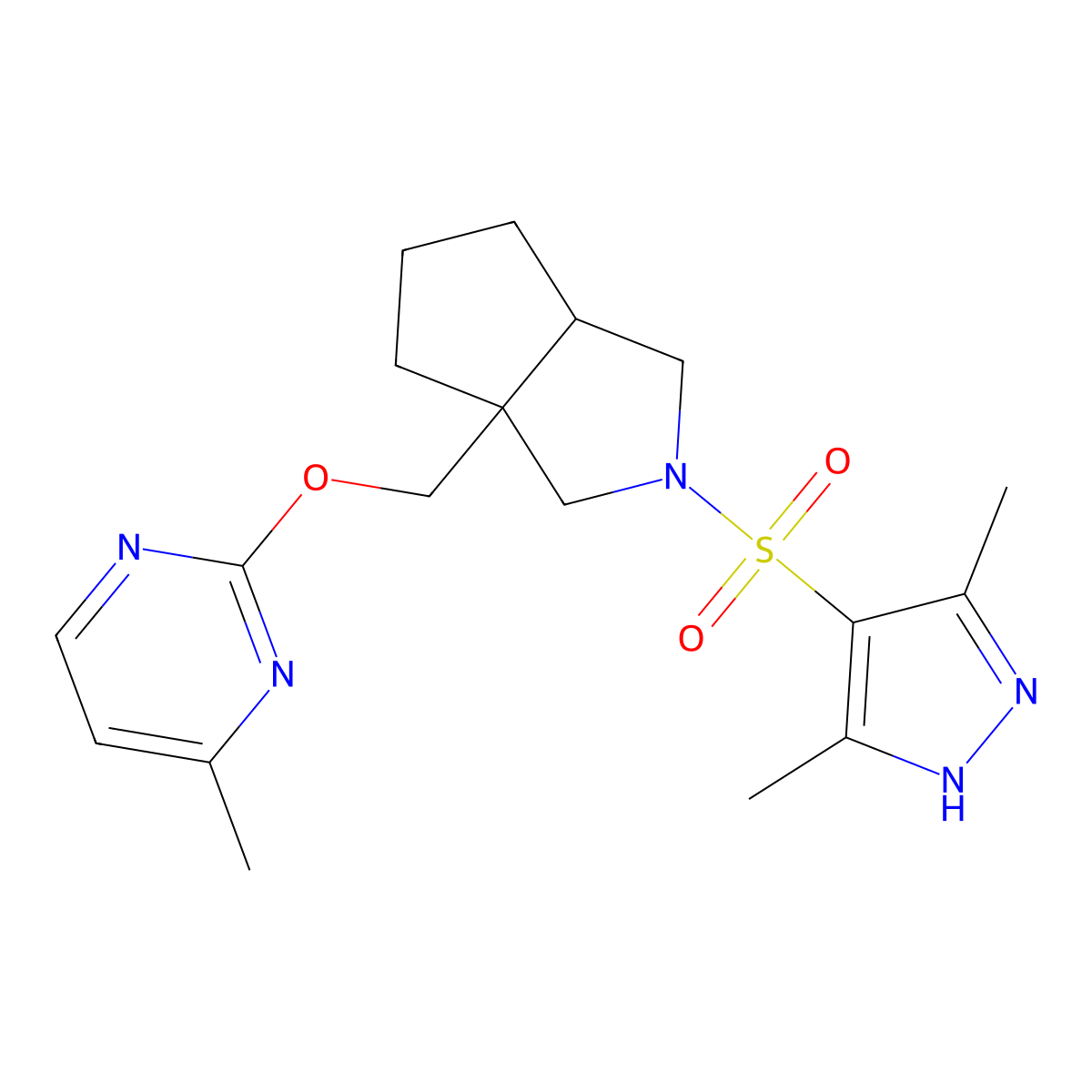 2-({2-[(3,5-dimethyl-1H-pyrazol-4-yl)sulfonyl]-octahydrocyclopenta[c]pyrrol-3a-yl}methoxy)-4-methylpyrimidine molecular structure, CAS 2640814-22-6