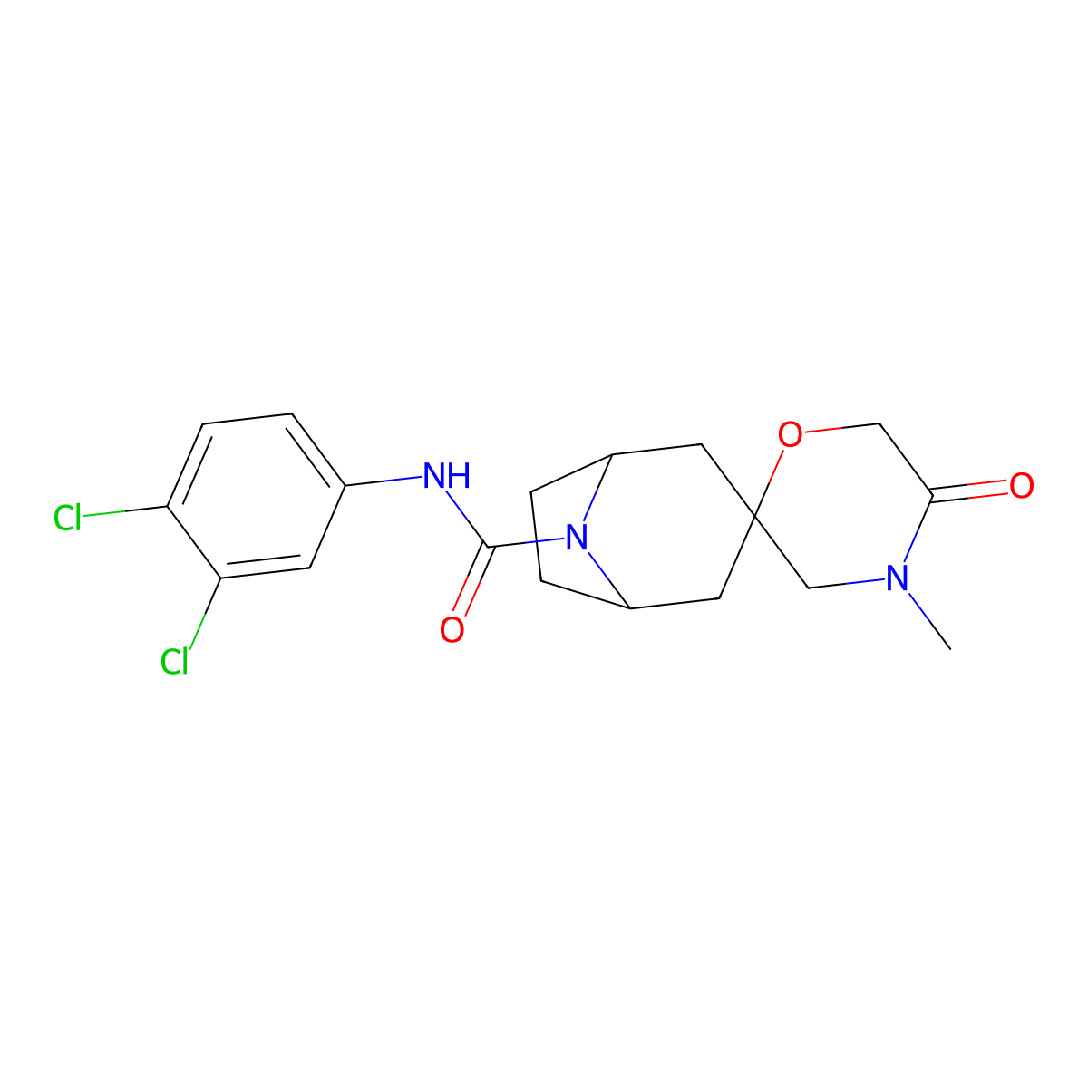 N-(3,4-dichlorophenyl)-4'-methyl-5'-oxo-8-azaspiro[bicyclo[3.2.1]octane-3,2'-morpholine]-8-carboxamide molecular structure, CAS 2640814-24-8