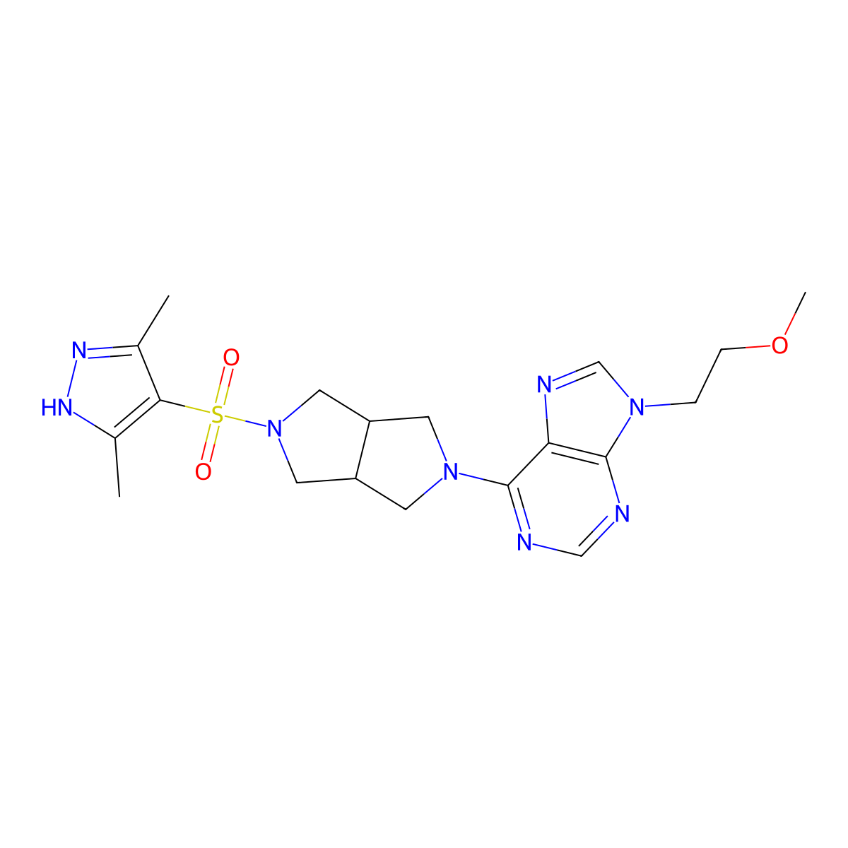 6-{5-[(3,5-dimethyl-1H-pyrazol-4-yl)sulfonyl]-octahydropyrrolo[3,4-c]pyrrol-2-yl}-9-(2-methoxyethyl)-9H-purine molecular structure, CAS 2640814-26-0