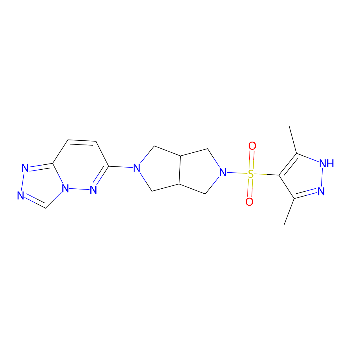 3,5-dimethyl-4-[(5-{[1,2,4]triazolo[4,3-b]pyridazin-6-yl}-octahydropyrrolo[3,4-c]pyrrol-2-yl)sulfonyl]-1H-pyrazole molecular structure, CAS 2640814-32-8