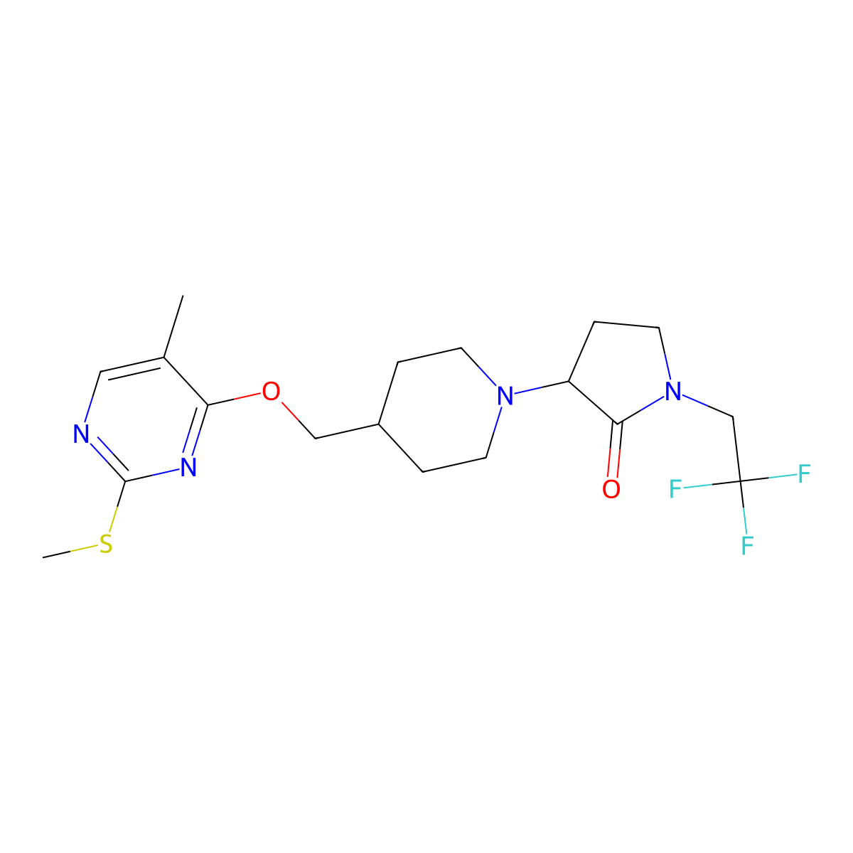 3-[4-({[5-Methyl-2-(methylsulfanyl)pyrimidin-4-yl]oxy}methyl)piperidin-1-yl]-1-(2,2,2-trifluoroethyl)pyrrolidin-2-one molecular structure, CAS 2640814-38-4