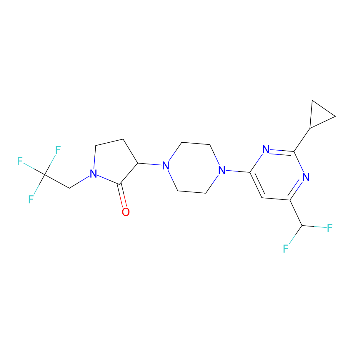 3-{4-[2-Cyclopropyl-6-(difluoromethyl)pyrimidin-4-yl]piperazin-1-yl}-1-(2,2,2-trifluoroethyl)pyrrolidin-2-one molecular structure, CAS 2640814-46-4