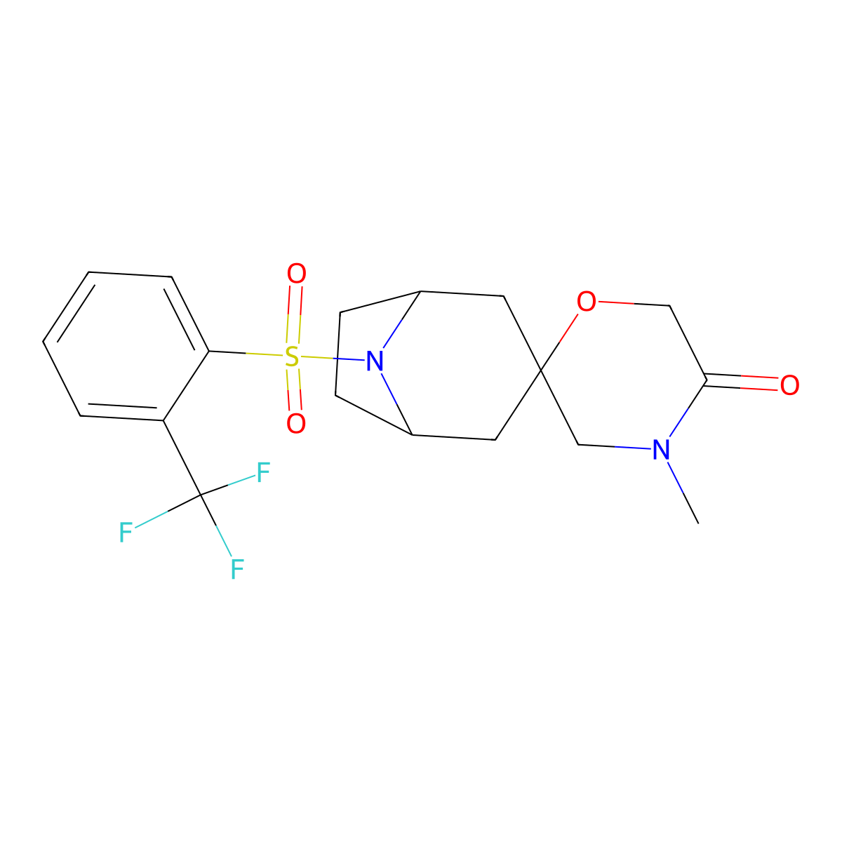 4'-Methyl-8-[2-(trifluoromethyl)benzenesulfonyl]-8-azaspiro[bicyclo[3.2.1]octane-3,2'-morpholin]-5'-one molecular structure, CAS 2640814-57-7