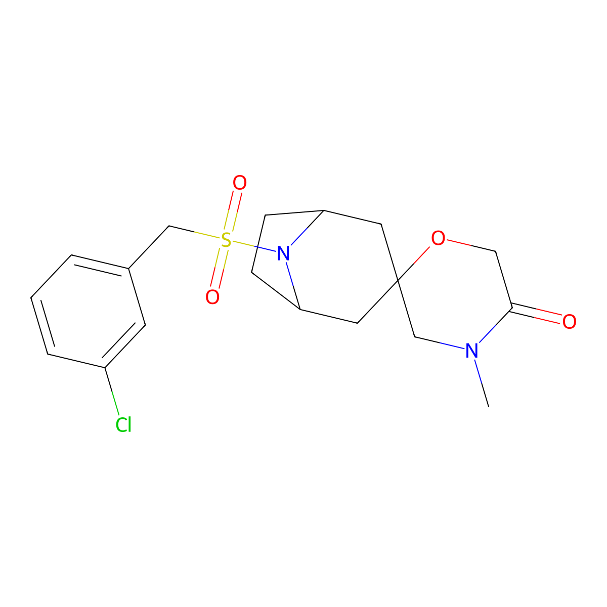 8-[(3-Chlorophenyl)methanesulfonyl]-4'-methyl-8-azaspiro[bicyclo[3.2.1]octane-3,2'-morpholin]-5'-one molecular structure, CAS 2640814-58-8