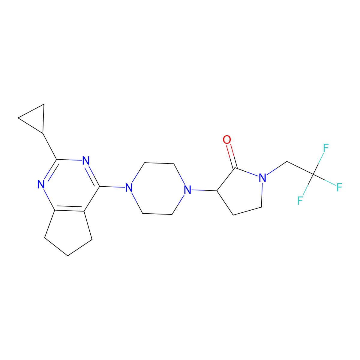 3-(4-{2-cyclopropyl-5H,6H,7H-cyclopenta[d]pyrimidin-4-yl}piperazin-1-yl)-1-(2,2,2-trifluoroethyl)pyrrolidin-2-one molecular structure, CAS 2640814-59-9