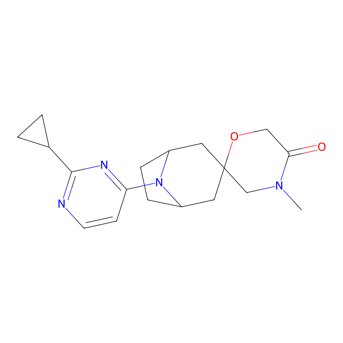8-(2-Cyclopropylpyrimidin-4-yl)-4'-methyl-8-azaspiro[bicyclo[3.2.1]octane-3,2'-morpholin]-5'-one molecular structure, CAS 2640814-60-2