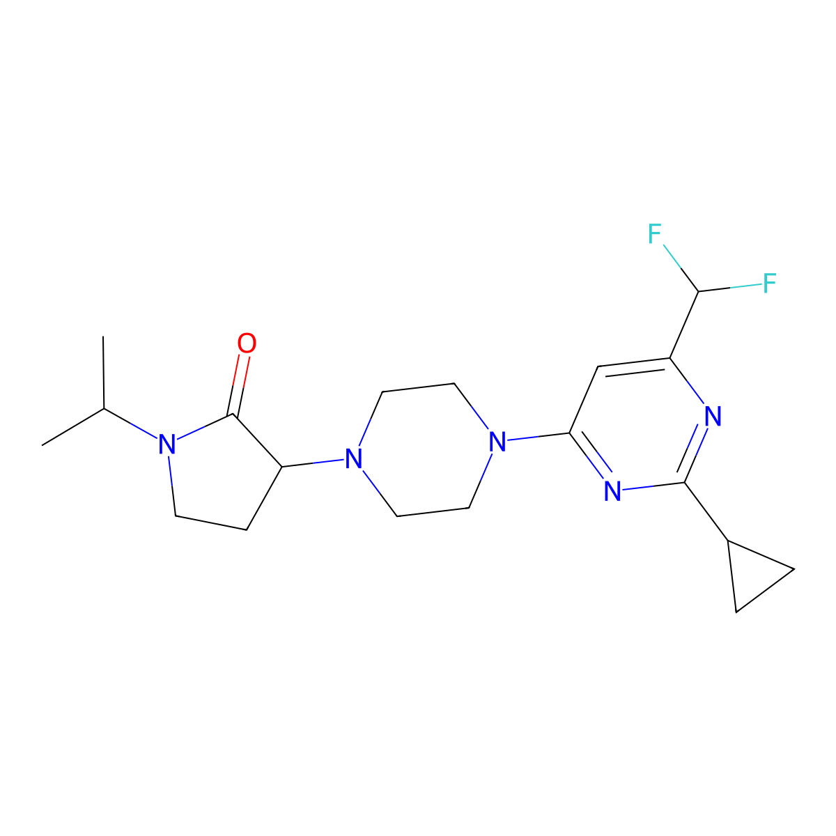 3-{4-[2-Cyclopropyl-6-(difluoromethyl)pyrimidin-4-yl]piperazin-1-yl}-1-(propan-2-yl)pyrrolidin-2-one molecular structure, CAS 2640814-72-6