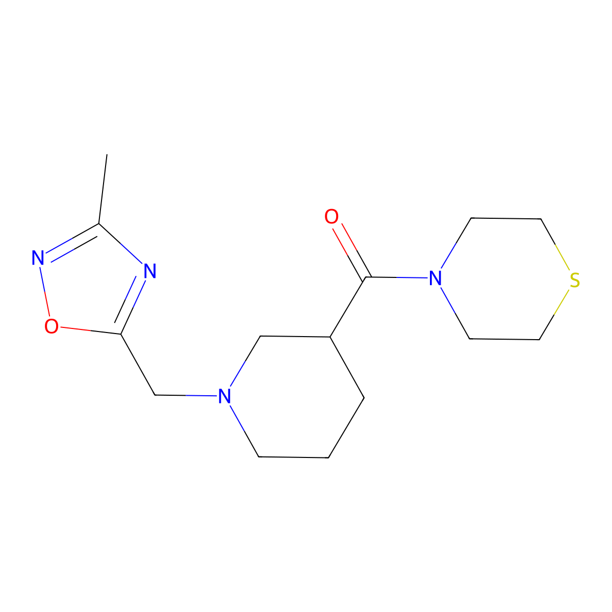 4-{1-[(3-Methyl-1,2,4-oxadiazol-5-yl)methyl]piperidine-3-carbonyl}thiomorpholine molecular structure, CAS 2640814-74-8