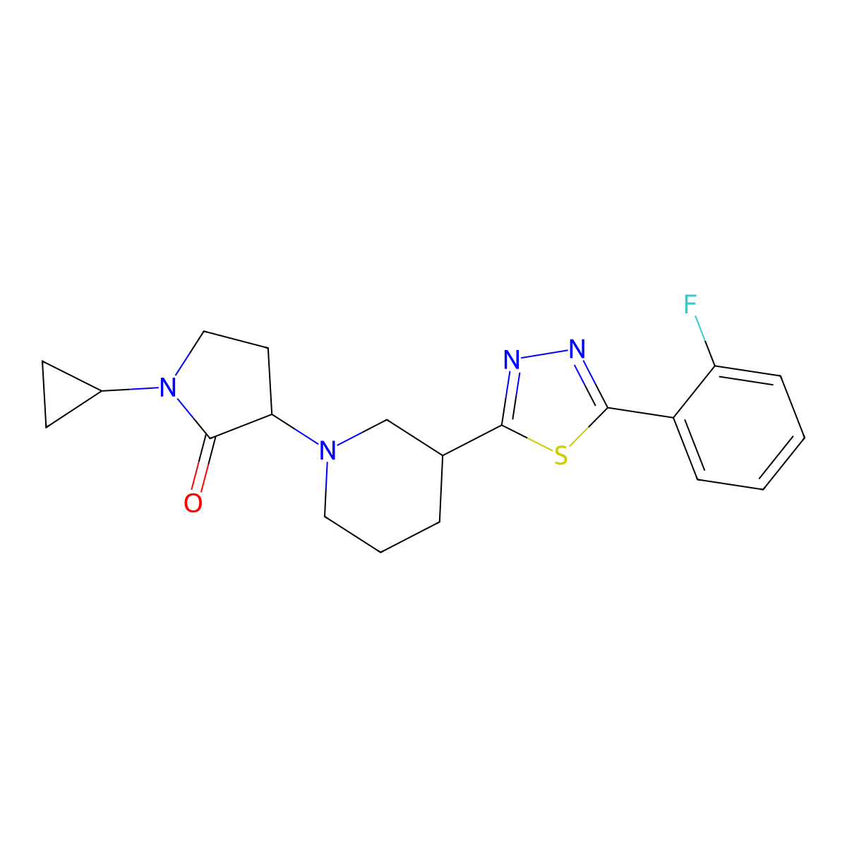 1-Cyclopropyl-3-{3-[5-(2-fluorophenyl)-1,3,4-thiadiazol-2-yl]piperidin-1-yl}pyrrolidin-2-one molecular structure, CAS 2640814-84-0