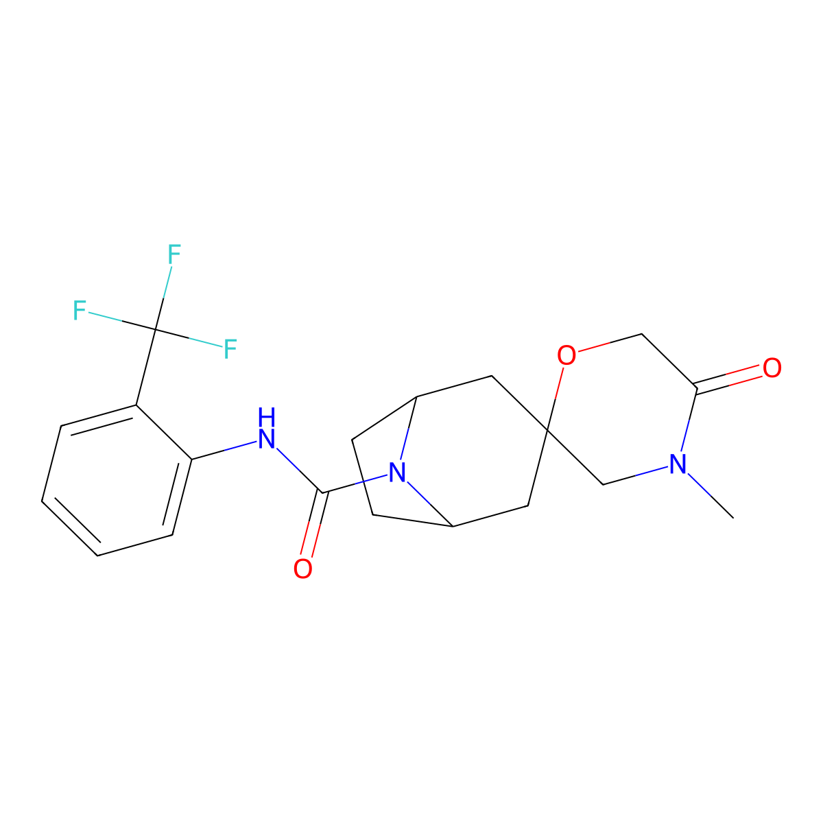 4'-methyl-5'-oxo-N-[2-(trifluoromethyl)phenyl]-8-azaspiro[bicyclo[3.2.1]octane-3,2'-morpholine]-8-carboxamide molecular structure, CAS 2640814-86-2