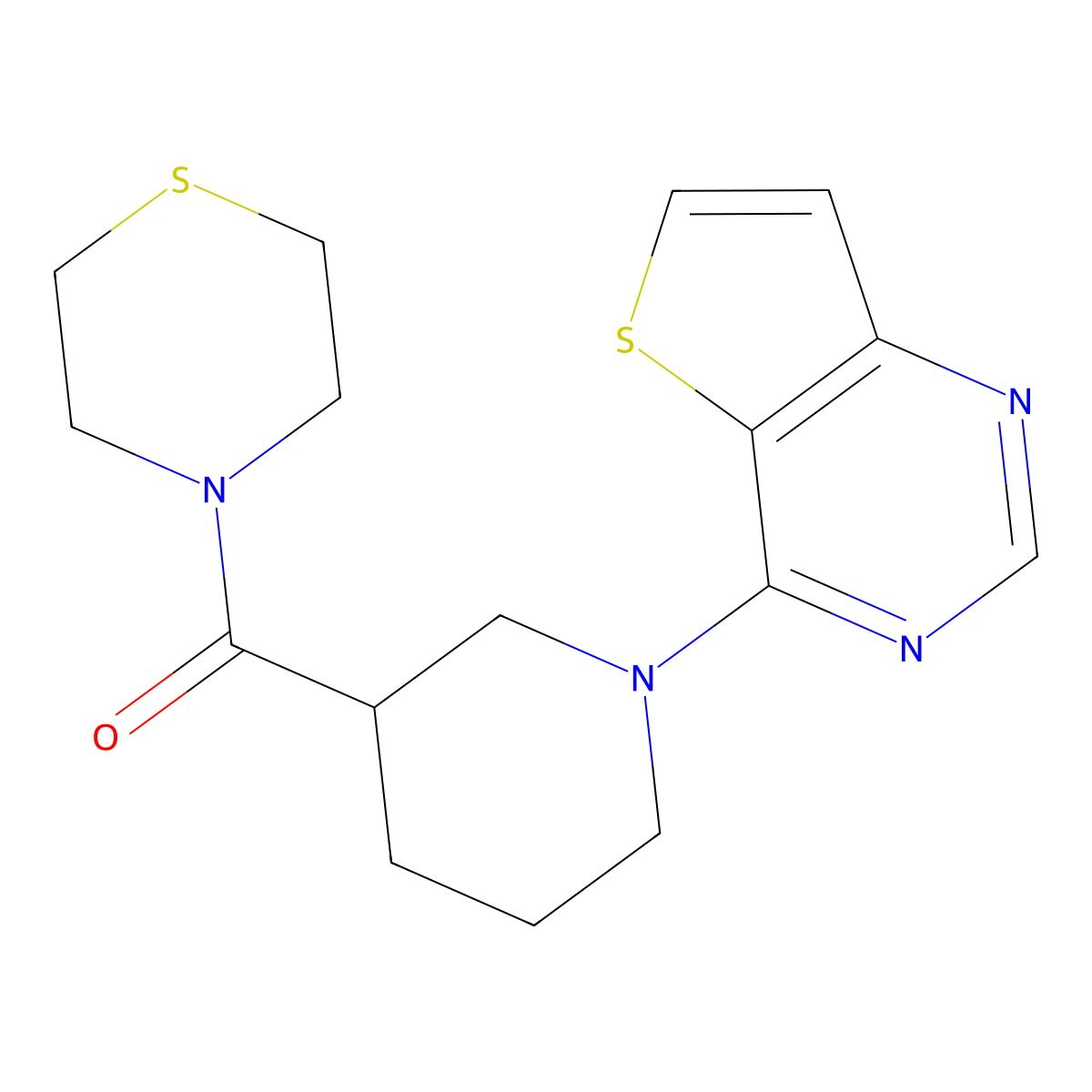 4-(1-{Thieno[3,2-d]pyrimidin-4-yl}piperidine-3-carbonyl)thiomorpholine molecular structure, CAS 2640814-91-9