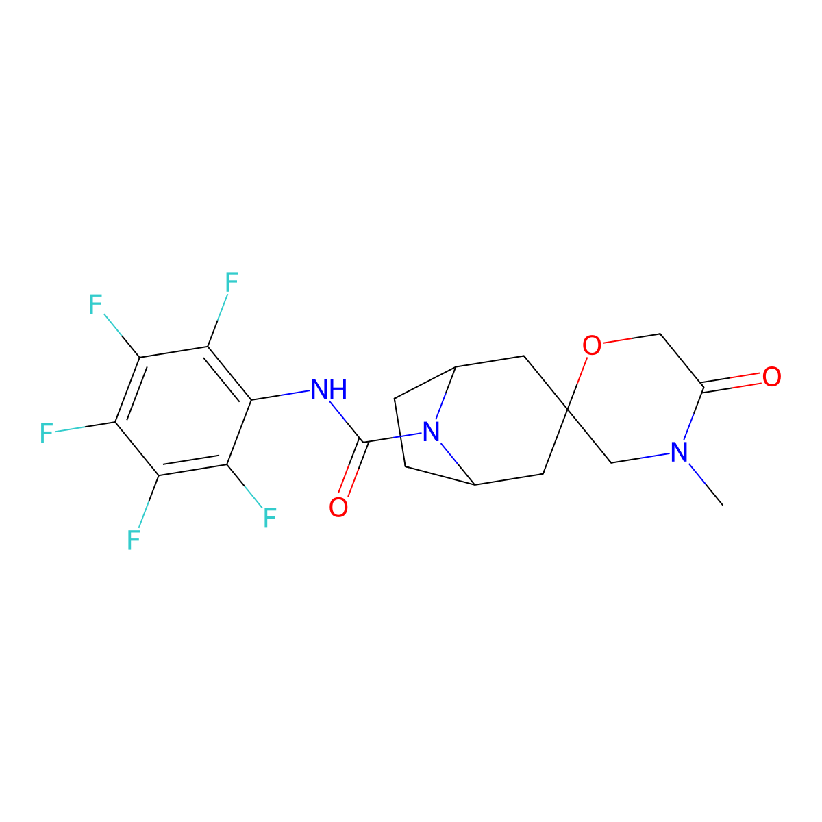 4'-methyl-5'-oxo-N-(2,3,4,5,6-pentafluorophenyl)-8-azaspiro[bicyclo[3.2.1]octane-3,2'-morpholine]-8-carboxamide molecular structure, CAS 2640814-93-1