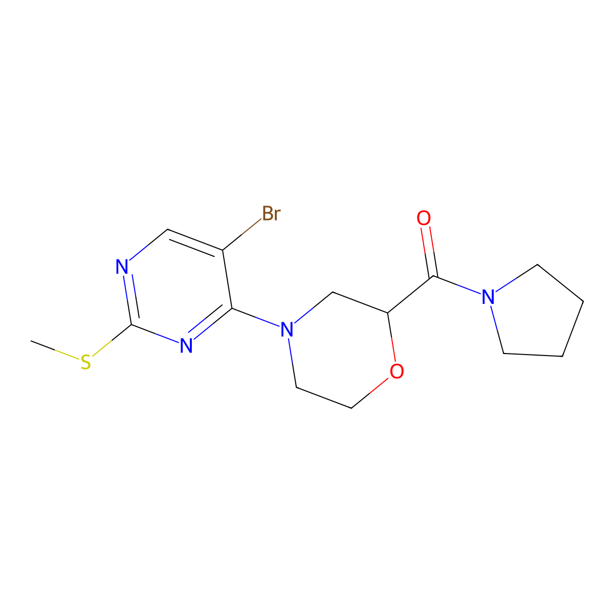 4-[5-Bromo-2-(methylsulfanyl)pyrimidin-4-yl]-2-(pyrrolidine-1-carbonyl)morpholine molecular structure, CAS 2640815-07-0