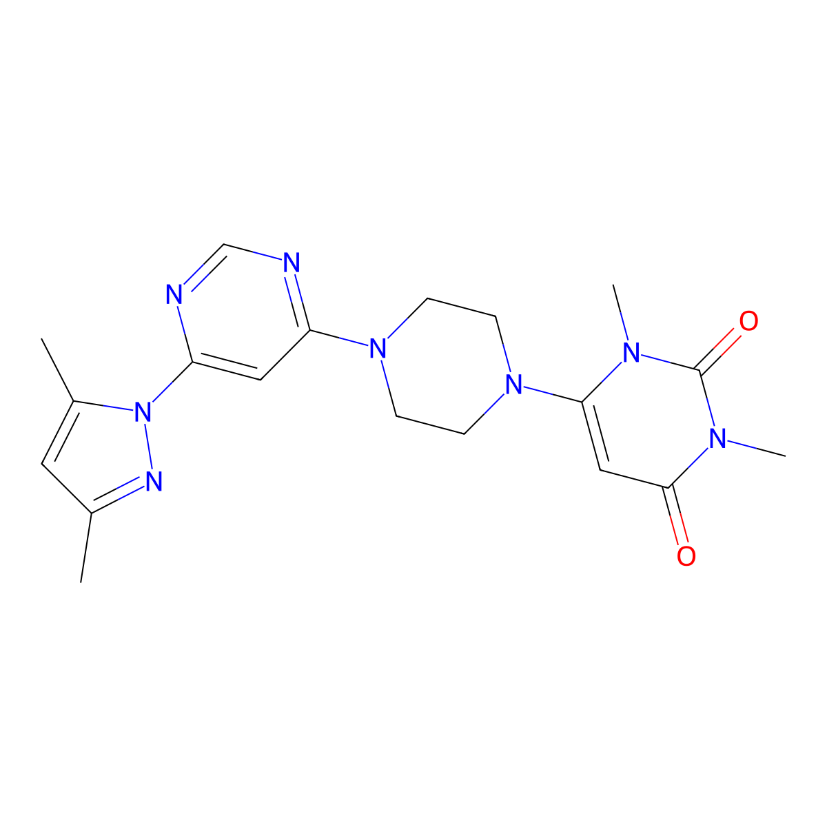 6-{4-[6-(3,5-dimethyl-1H-pyrazol-1-yl)pyrimidin-4-yl]piperazin-1-yl}-1,3-dimethyl-1,2,3,4-tetrahydropyrimidine-2,4-dione molecular structure, CAS 2640815-09-2
