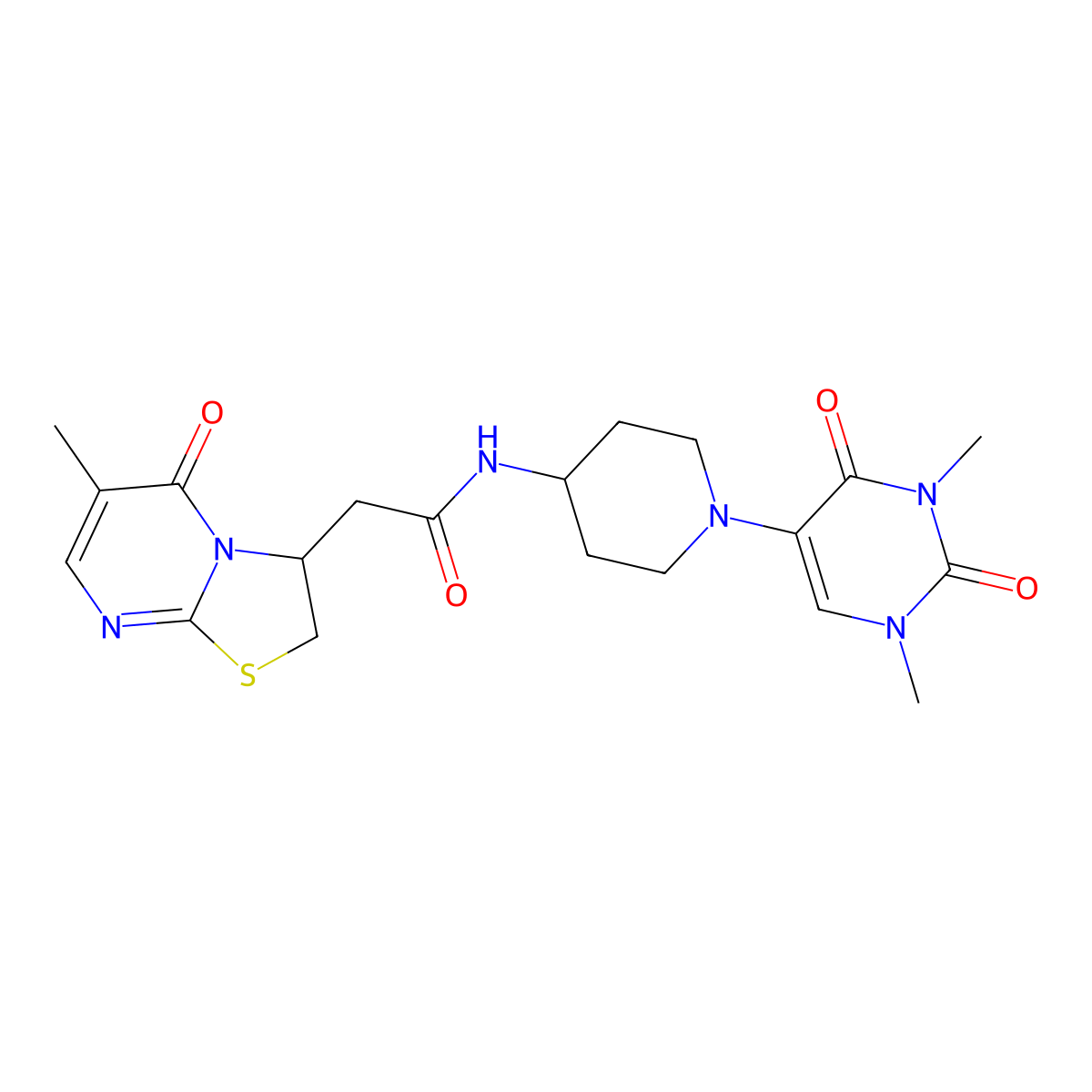 N-[1-(1,3-dimethyl-2,4-dioxo-1,2,3,4-tetrahydropyrimidin-5-yl)piperidin-4-yl]-2-{6-methyl-5-oxo-2H,3H,5H-[1,3]thiazolo[3,2-a]pyrimidin-3-yl}acetamide molecular structure, CAS 2640815-10-5