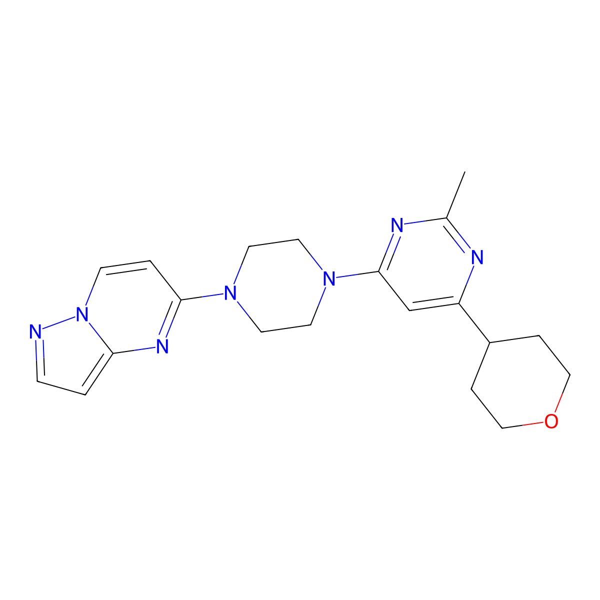 2-Methyl-4-(oxan-4-yl)-6-(4-{pyrazolo[1,5-a]pyrimidin-5-yl}piperazin-1-yl)pyrimidine molecular structure, CAS 2640815-11-6