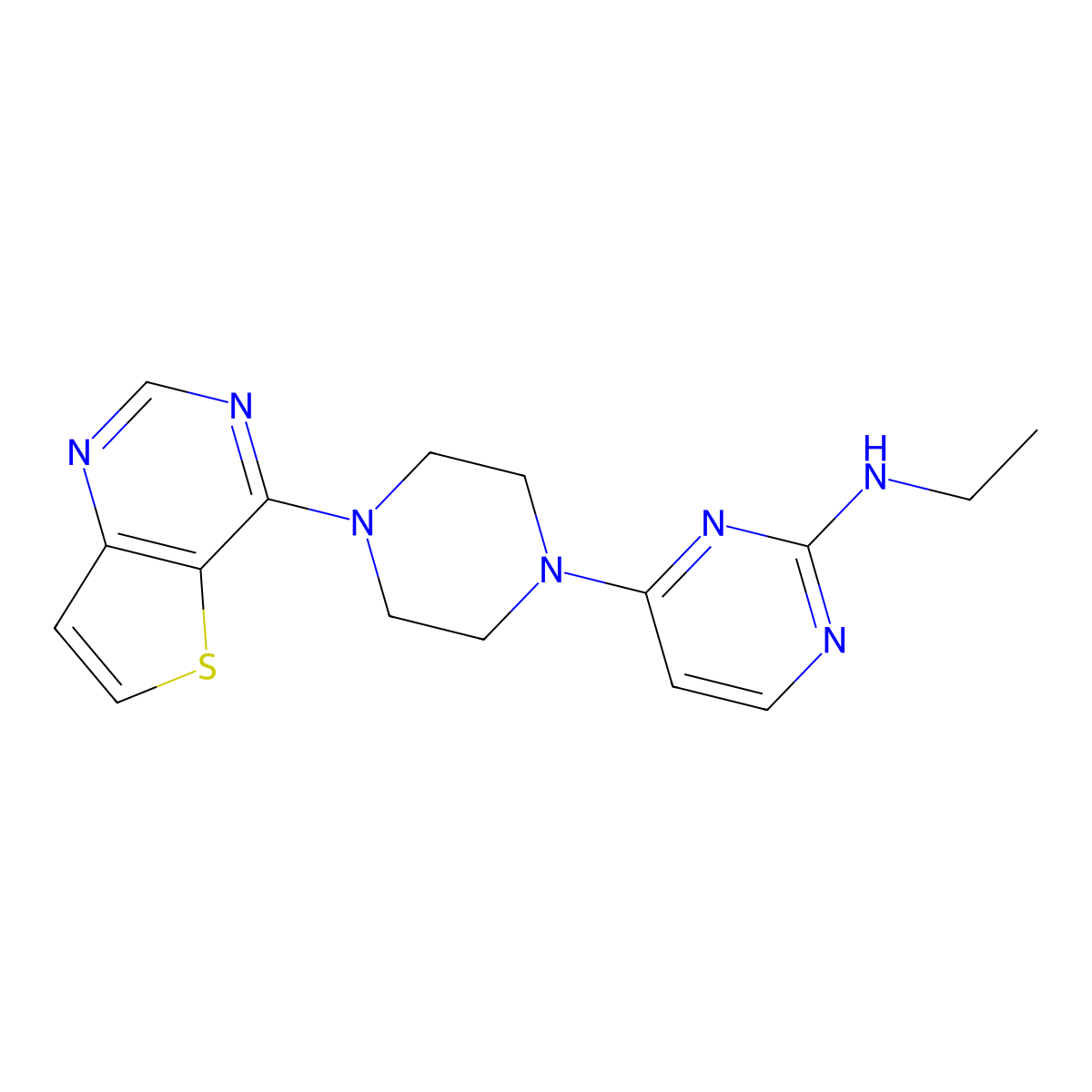N-ethyl-4-(4-{thieno[3,2-d]pyrimidin-4-yl}piperazin-1-yl)pyrimidin-2-amine molecular structure, CAS 2640815-21-8