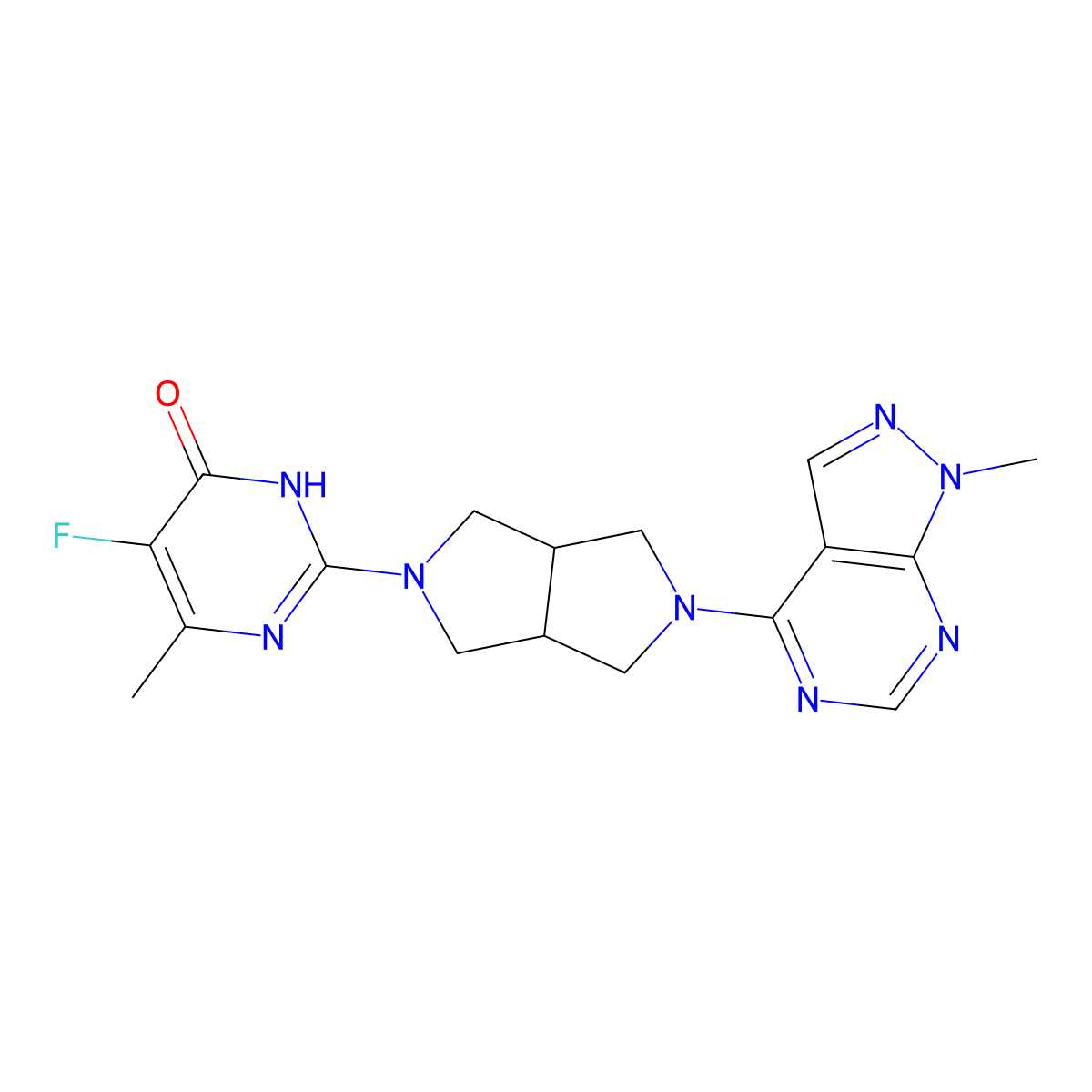 5-fluoro-6-methyl-2-(5-{1-methyl-1H-pyrazolo[3,4-d]pyrimidin-4-yl}-octahydropyrrolo[3,4-c]pyrrol-2-yl)-3,4-dihydropyrimidin-4-one molecular structure, CAS 2640815-25-2