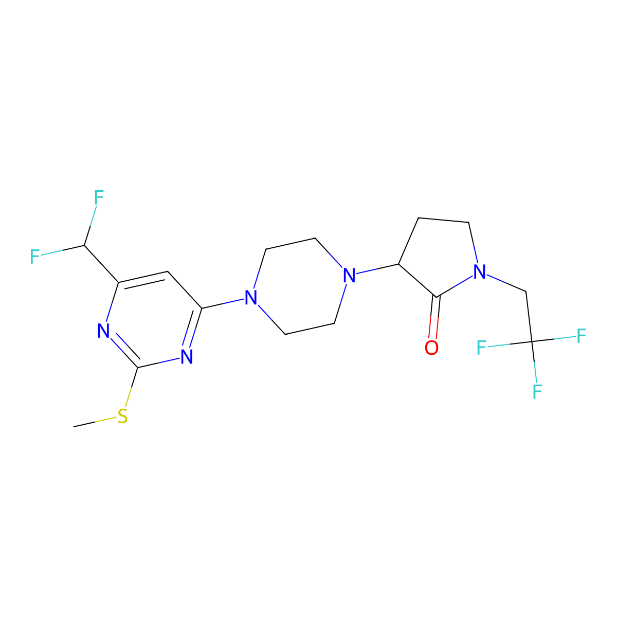 3-{4-[6-(Difluoromethyl)-2-(methylsulfanyl)pyrimidin-4-yl]piperazin-1-yl}-1-(2,2,2-trifluoroethyl)pyrrolidin-2-one molecular structure, CAS 2640815-31-0