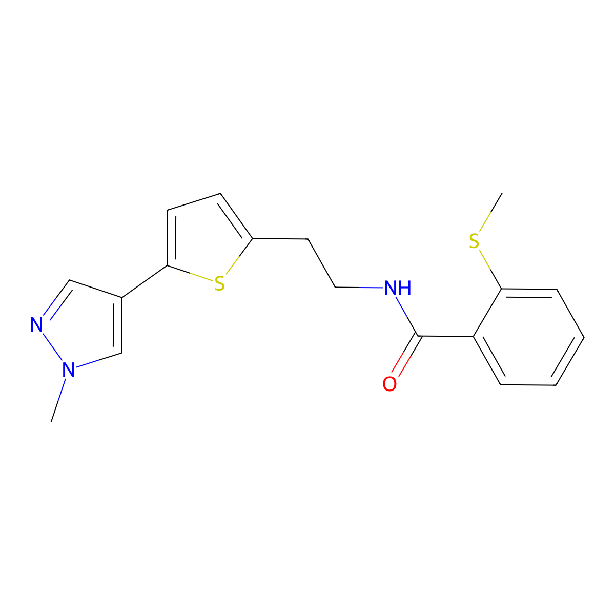 N-{2-[5-(1-methyl-1H-pyrazol-4-yl)thiophen-2-yl]ethyl}-2-(methylsulfanyl)benzamide molecular structure, CAS 2640815-33-2