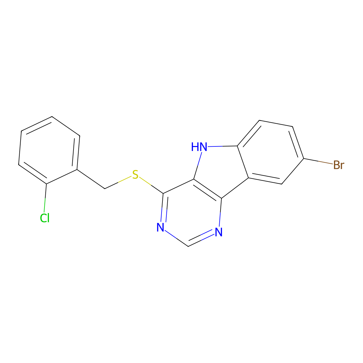 8-bromo-4-{[(2-chlorophenyl)methyl]sulfanyl}-5H-pyrimido[5,4-b]indole molecular structure, CAS 2640815-39-8