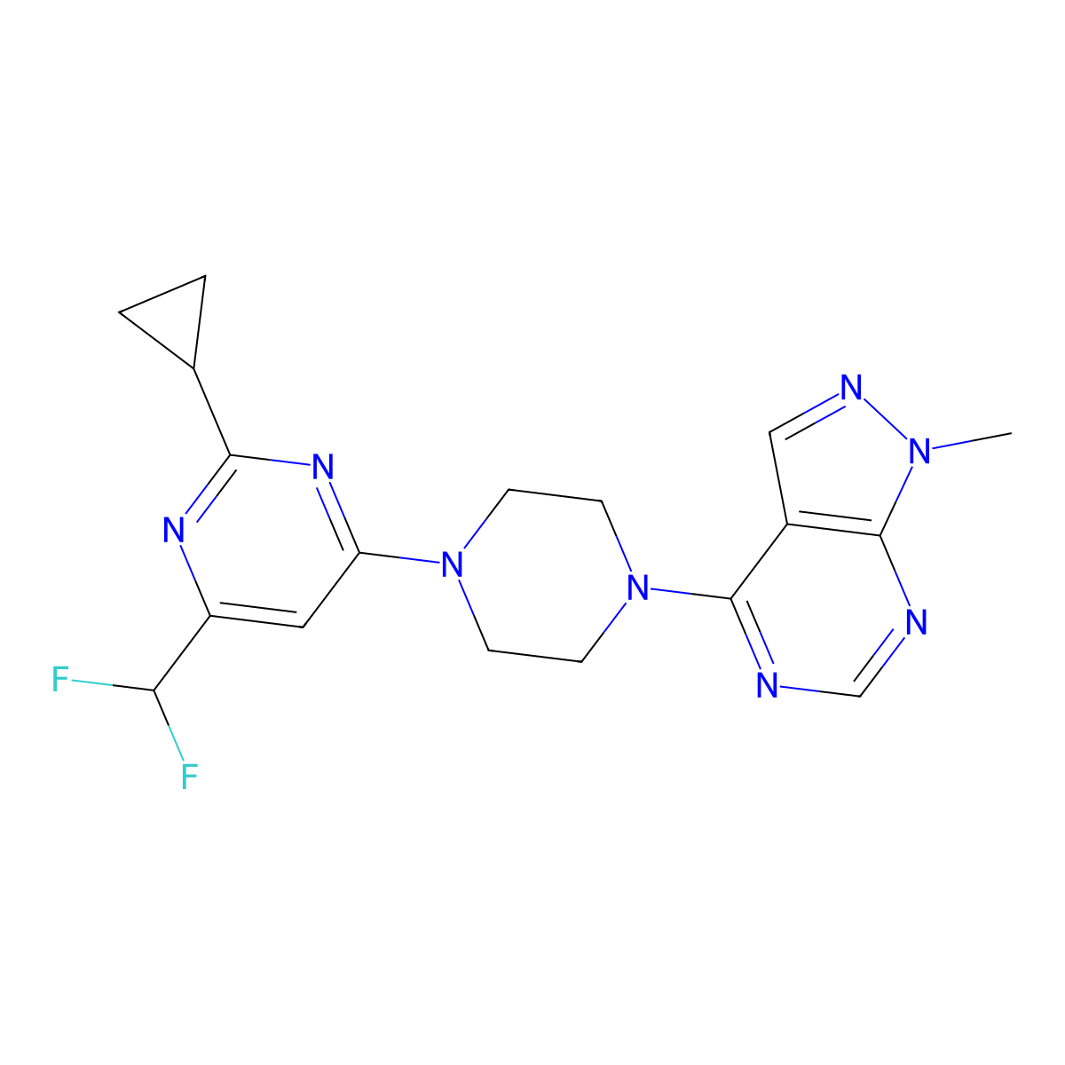 2-cyclopropyl-4-(difluoromethyl)-6-(4-{1-methyl-1H-pyrazolo[3,4-d]pyrimidin-4-yl}piperazin-1-yl)pyrimidine molecular structure, CAS 2640815-41-2
