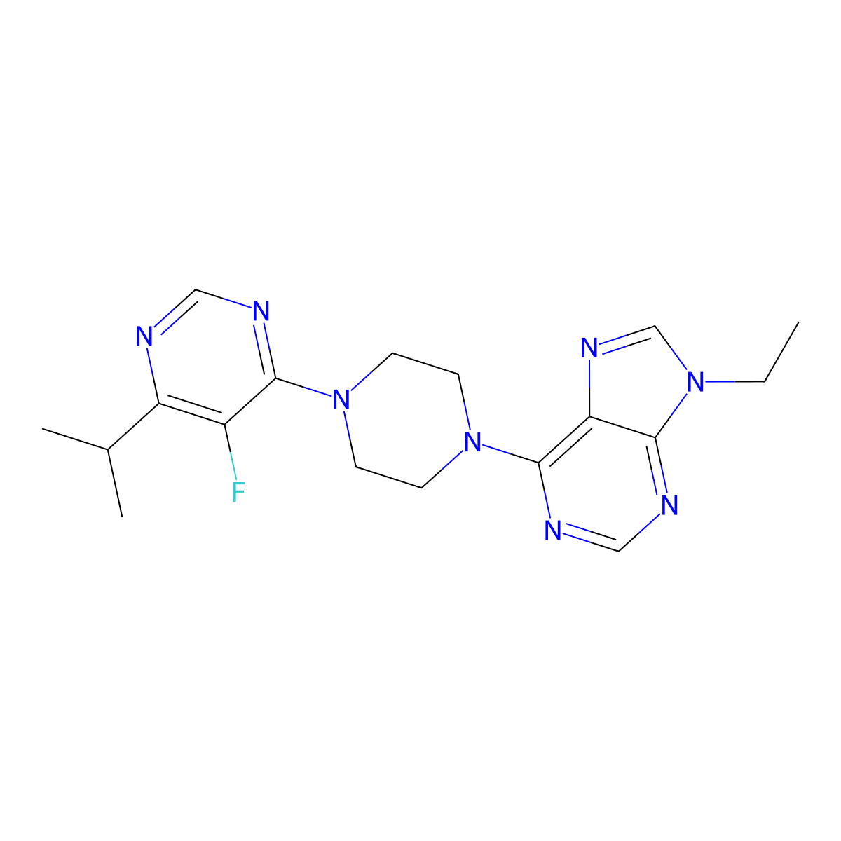 9-ethyl-6-{4-[5-fluoro-6-(propan-2-yl)pyrimidin-4-yl]piperazin-1-yl}-9H-purine molecular structure, CAS 2640815-43-4
