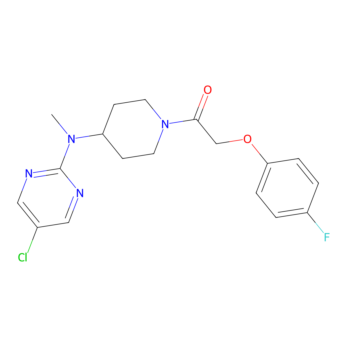 1-{4-[(5-Chloropyrimidin-2-yl)(methyl)amino]piperidin-1-yl}-2-(4-fluorophenoxy)ethan-1-one molecular structure, CAS 2640815-45-6