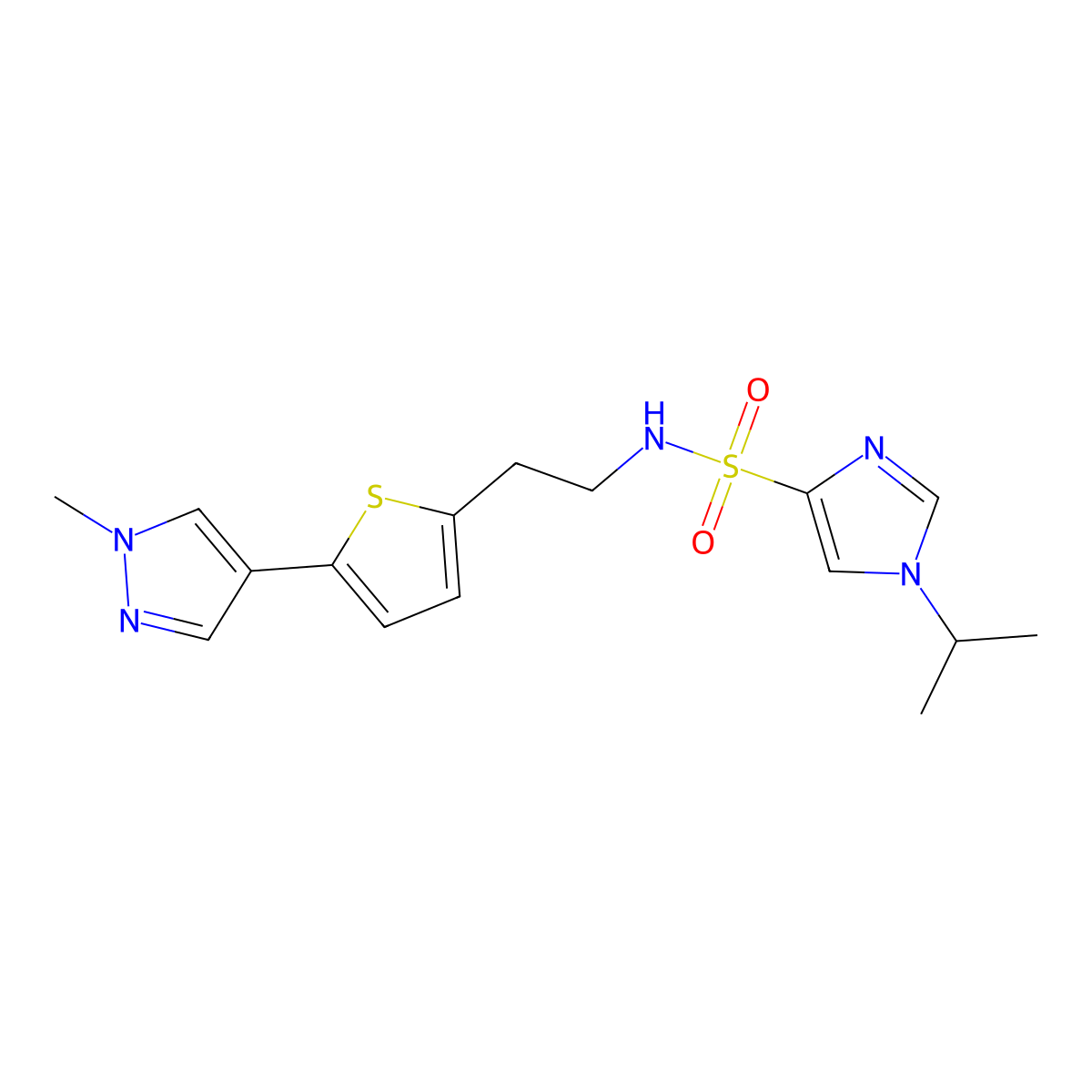 N-{2-[5-(1-methyl-1H-pyrazol-4-yl)thiophen-2-yl]ethyl}-1-(propan-2-yl)-1H-imidazole-4-sulfonamide molecular structure, CAS 2640815-57-0