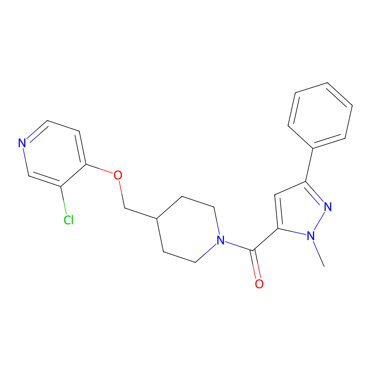 3-chloro-4-{[1-(1-methyl-3-phenyl-1H-pyrazole-5-carbonyl)piperidin-4-yl]methoxy}pyridine molecular structure, CAS 2640815-69-4