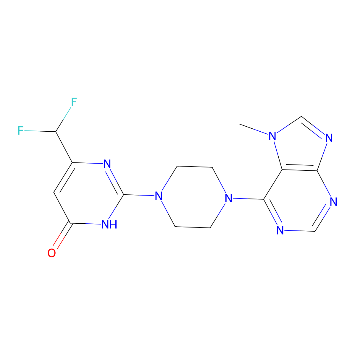 6-(difluoromethyl)-2-[4-(7-methyl-7H-purin-6-yl)piperazin-1-yl]-3,4-dihydropyrimidin-4-one molecular structure, CAS 2640815-70-7