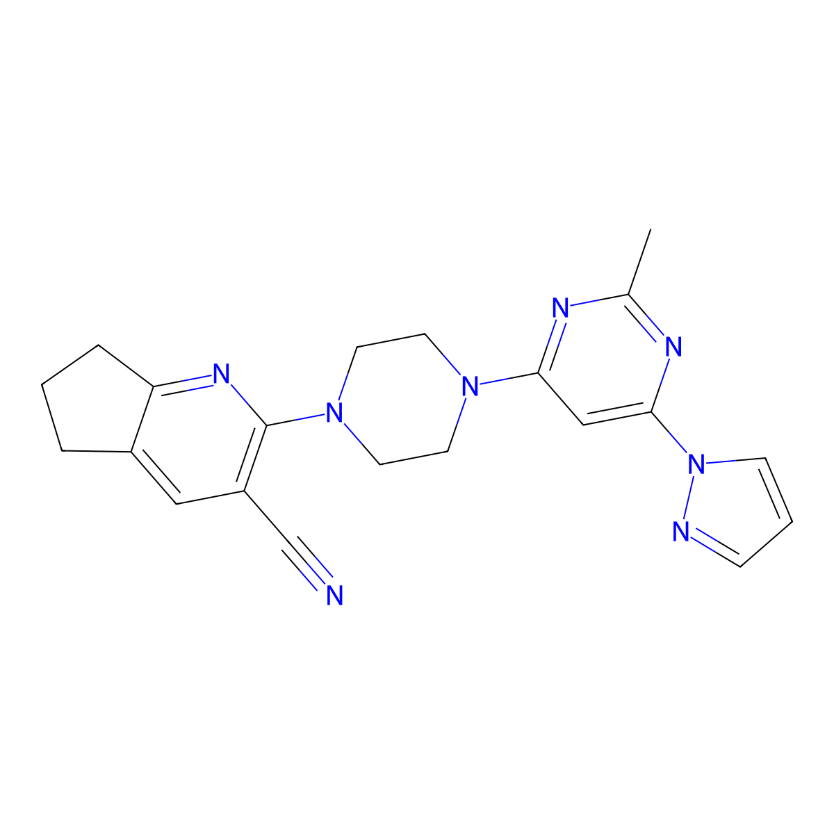 2-{4-[2-methyl-6-(1H-pyrazol-1-yl)pyrimidin-4-yl]piperazin-1-yl}-5H,6H,7H-cyclopenta[b]pyridine-3-carbonitrile molecular structure, CAS 2640817-68-9