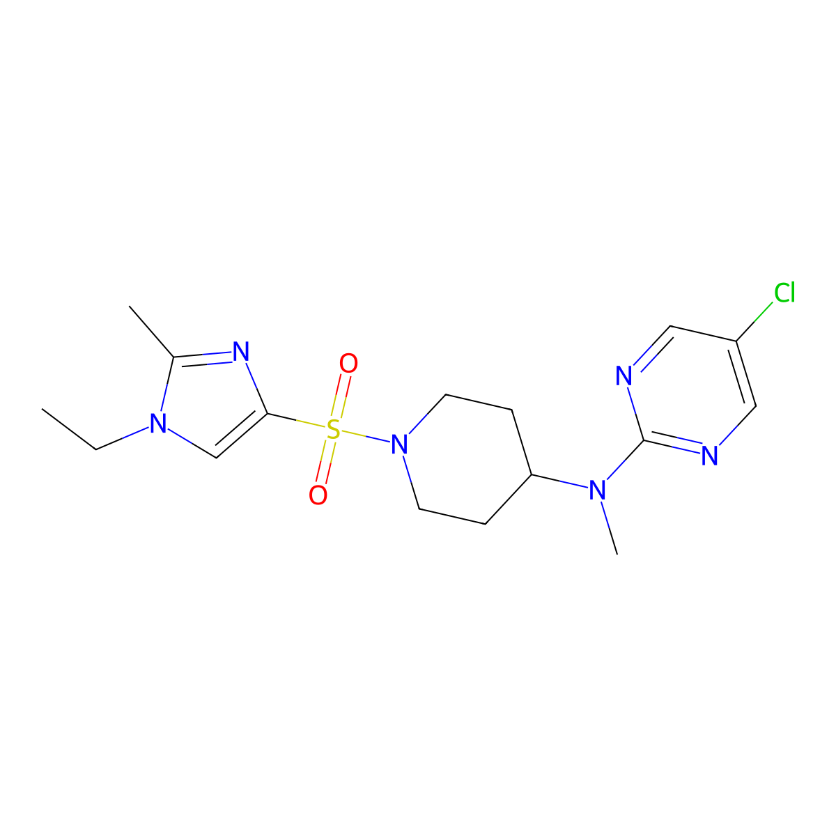 5-chloro-N-{1-[(1-ethyl-2-methyl-1H-imidazol-4-yl)sulfonyl]piperidin-4-yl}-N-methylpyrimidin-2-amine molecular structure, CAS 2640817-70-3