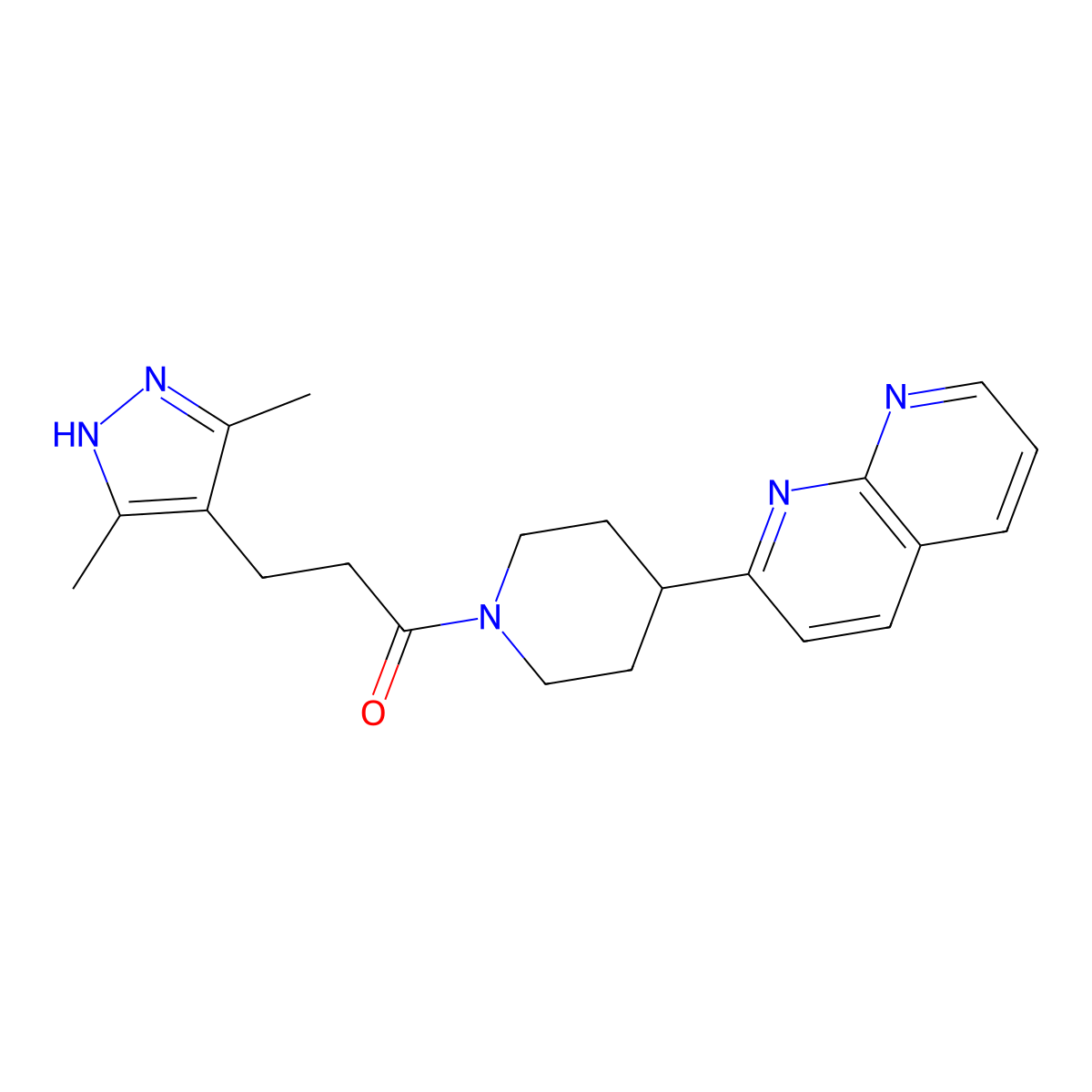 3-(3,5-dimethyl-1H-pyrazol-4-yl)-1-[4-(1,8-naphthyridin-2-yl)piperidin-1-yl]propan-1-one molecular structure, CAS 2640817-71-4