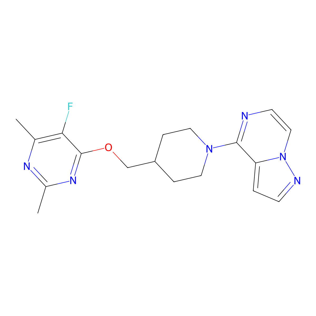 5-Fluoro-2,4-dimethyl-6-[(1-{pyrazolo[1,5-a]pyrazin-4-yl}piperidin-4-yl)methoxy]pyrimidine molecular structure, CAS 2640817-73-6