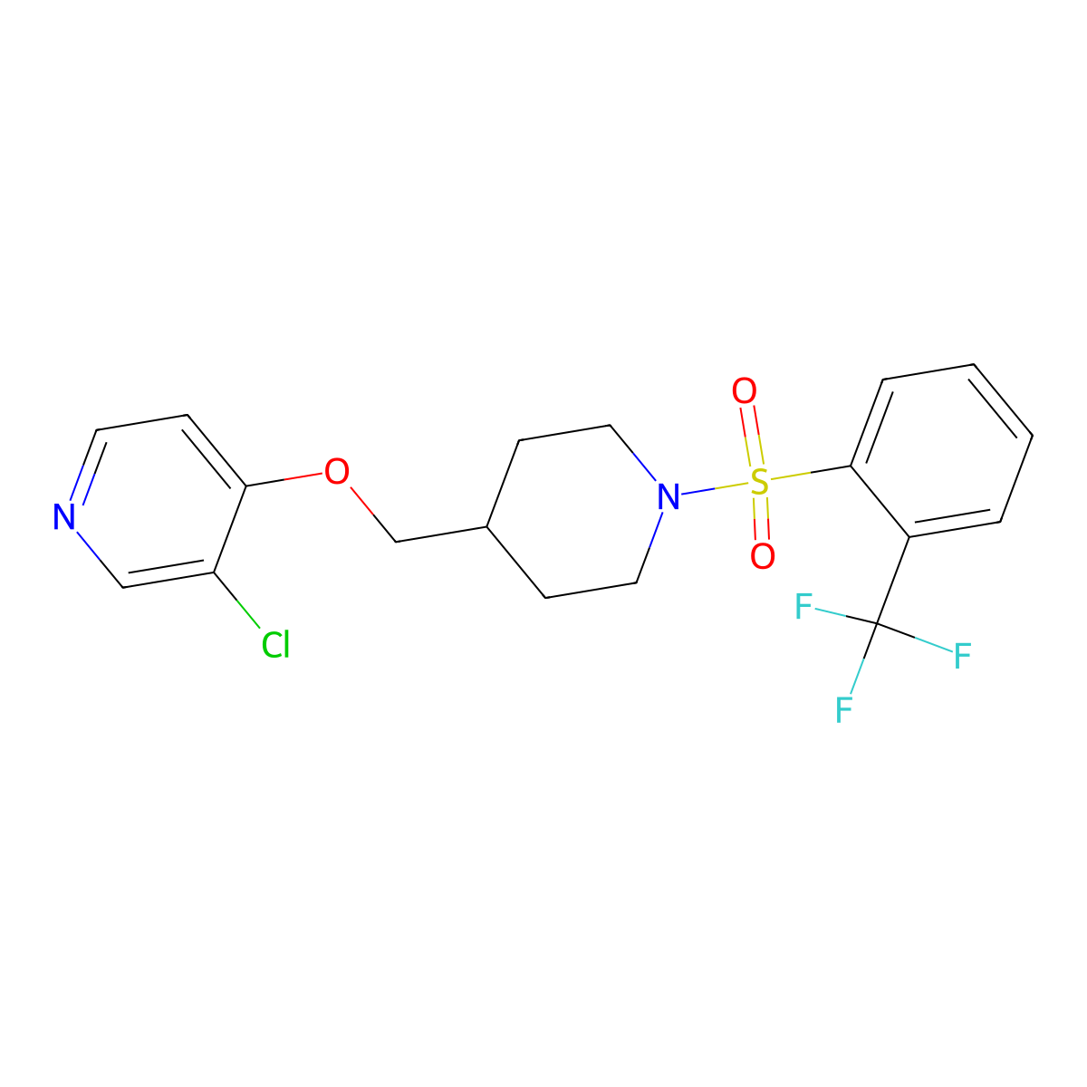 3-Chloro-4-({1-[2-(trifluoromethyl)benzenesulfonyl]piperidin-4-yl}methoxy)pyridine molecular structure, CAS 2640817-75-8