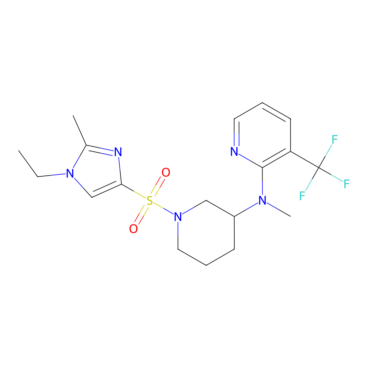 N-{1-[(1-ethyl-2-methyl-1H-imidazol-4-yl)sulfonyl]piperidin-3-yl}-N-methyl-3-(trifluoromethyl)pyridin-2-amine molecular structure, CAS 2640817-80-5