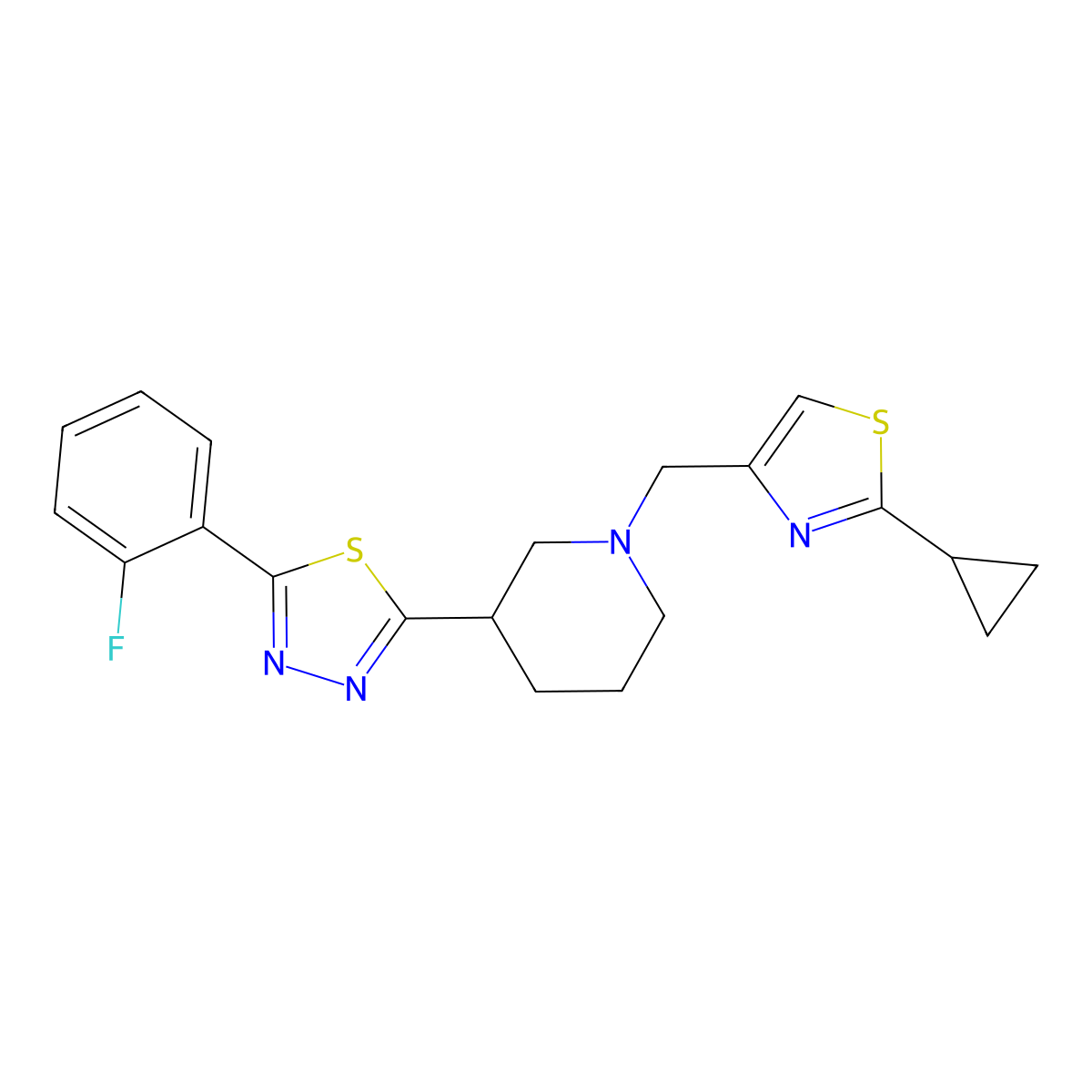 1-[(2-Cyclopropyl-1,3-thiazol-4-yl)methyl]-3-[5-(2-fluorophenyl)-1,3,4-thiadiazol-2-yl]piperidine molecular structure, CAS 2640817-82-7