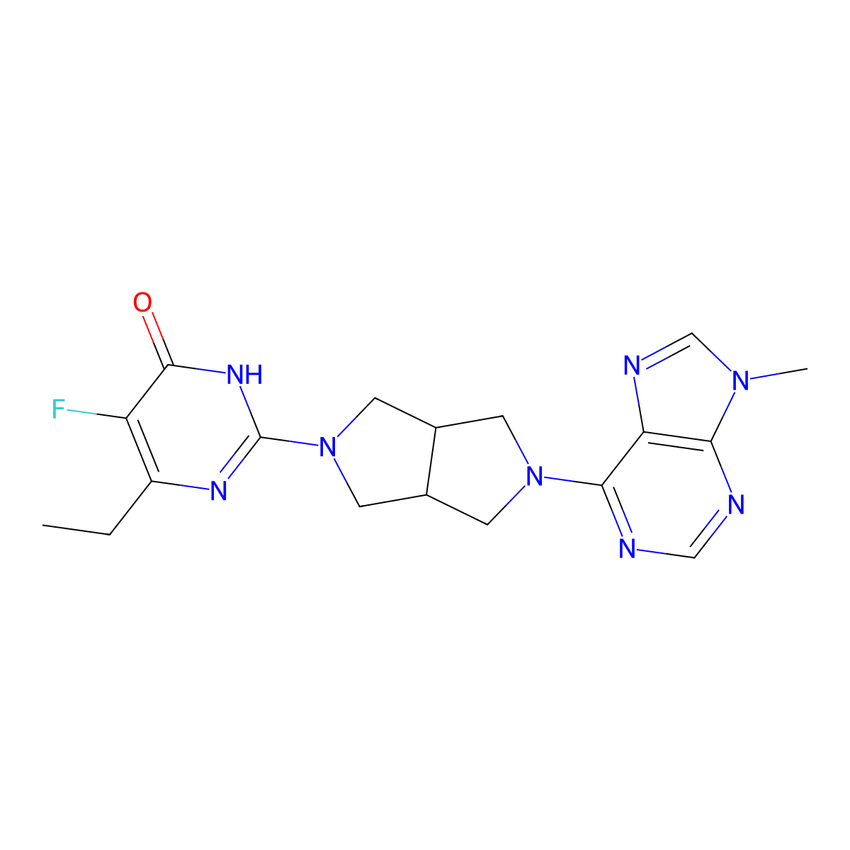 6-ethyl-5-fluoro-2-[5-(9-methyl-9H-purin-6-yl)-octahydropyrrolo[3,4-c]pyrrol-2-yl]-3,4-dihydropyrimidin-4-one molecular structure, CAS 2640817-84-9