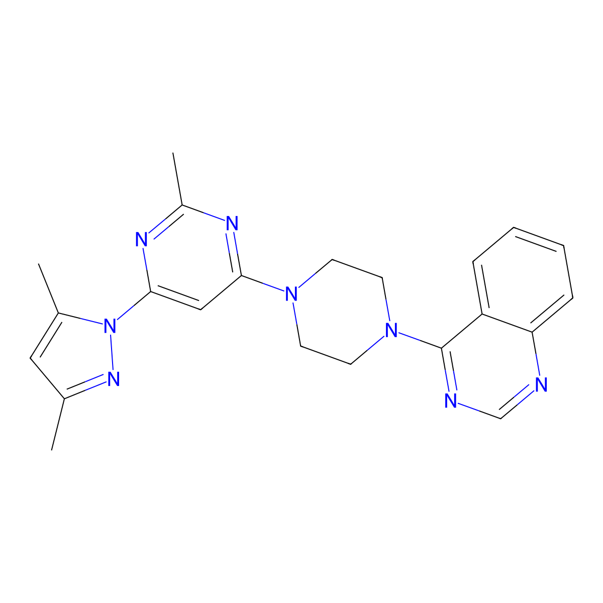 4-{4-[6-(3,5-dimethyl-1H-pyrazol-1-yl)-2-methylpyrimidin-4-yl]piperazin-1-yl}quinazoline molecular structure, CAS 2640817-86-1
